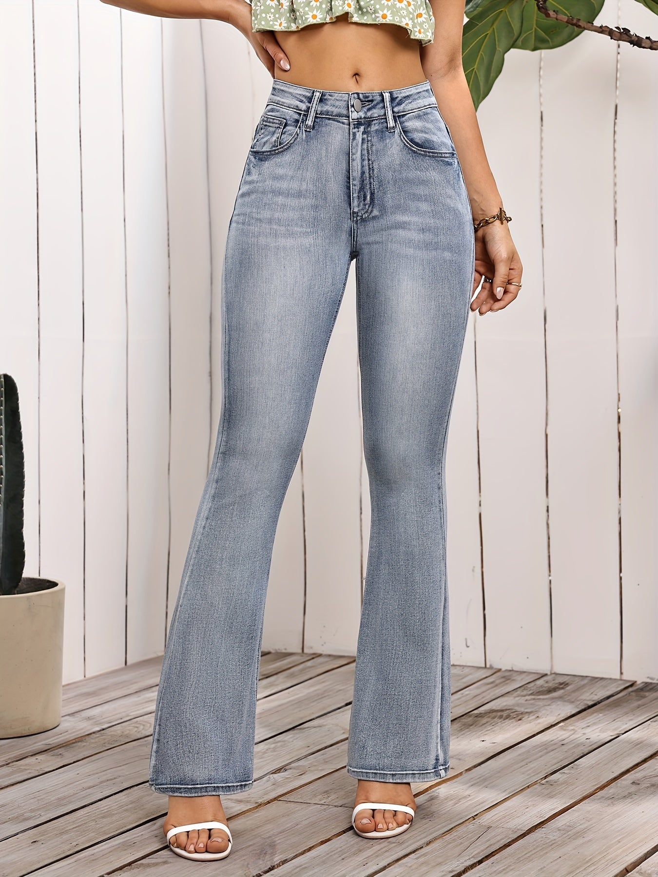 Jeans Femme Taille Haute Évasé Extensible Denim Broderie Étoiles Poches Effet Usé Vintage Confort Décontracté Lavable