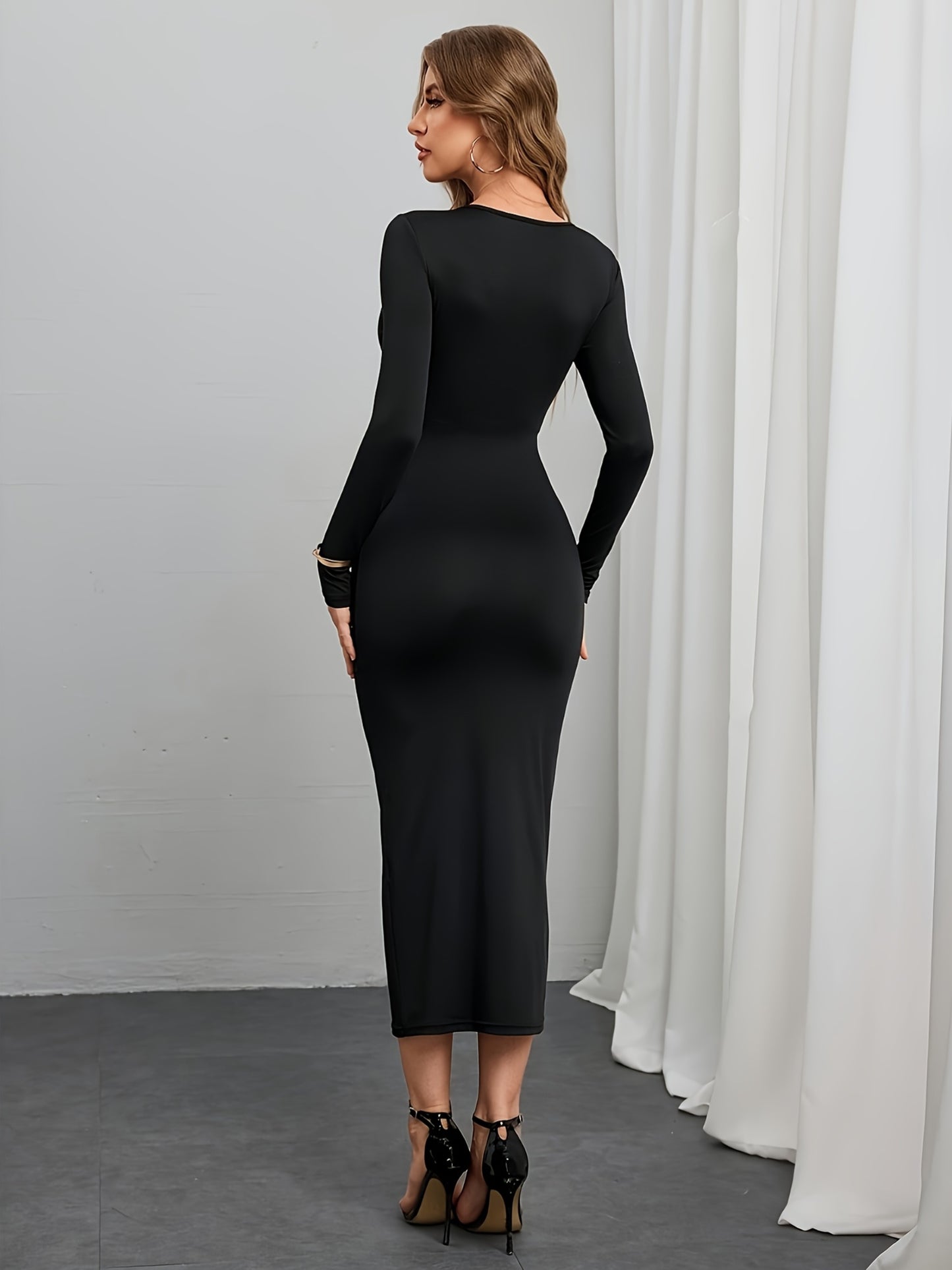 1 robe femme élégante bleu marine pour soirée formelle – manches longues, col rond, coupe A-line avec design croisé dans le dos, ajustement structuré, idéale pour mariages et galas