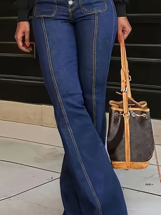 Jean vintage taille haute évasé pour femmes – Long, skinny, fermeture à boutons, tissu extensible (75 % rayonne, 23 % polyester, 2 % spandex), couleur unie, coupe régulière, toutes saisons, casual sorties