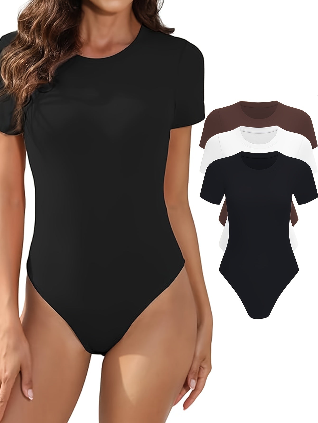 Lot de 3 bodys femme – manches courtes, col rond, coupe ajustée, basiques confortables