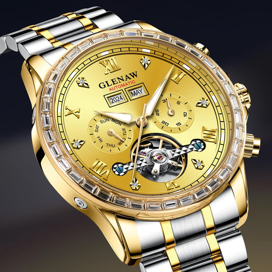 Men's Automatic Mechanical Watch, Rhinestone Case, Multi-function Perpetual Calendar Dial, Stainless Steel Strap, Year, Month, Day and Week Display, Automatic Mechanical Watch For Men, Mechanical Watches For Men High Quality,