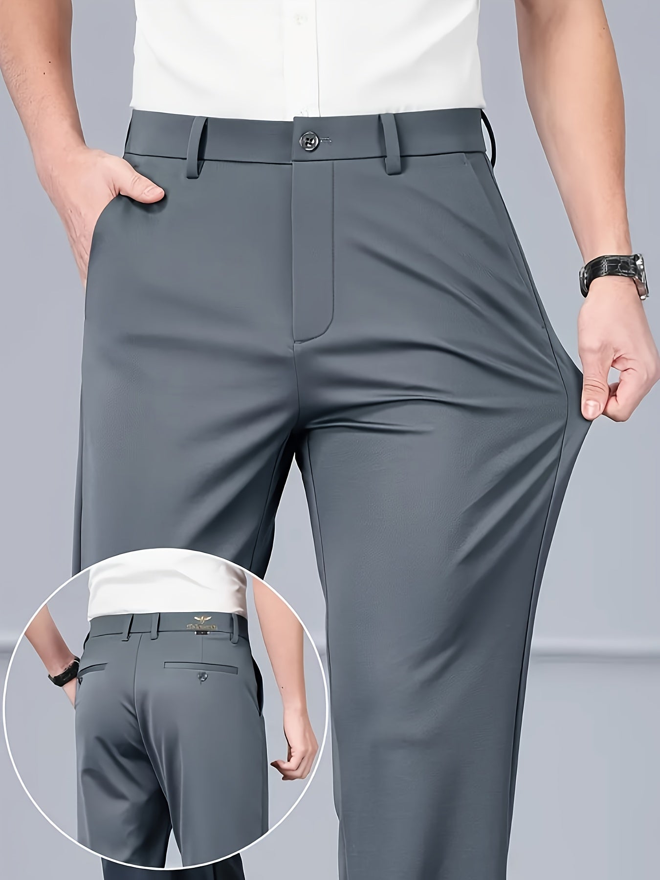Pantalon habillé infroissable et extensible pour homme – noir, toutes saisons, décoration subtile, taille élastique sans ceinture, coupe droite, idéal bureau, mariage et tenue professionnelle, lavable en machine