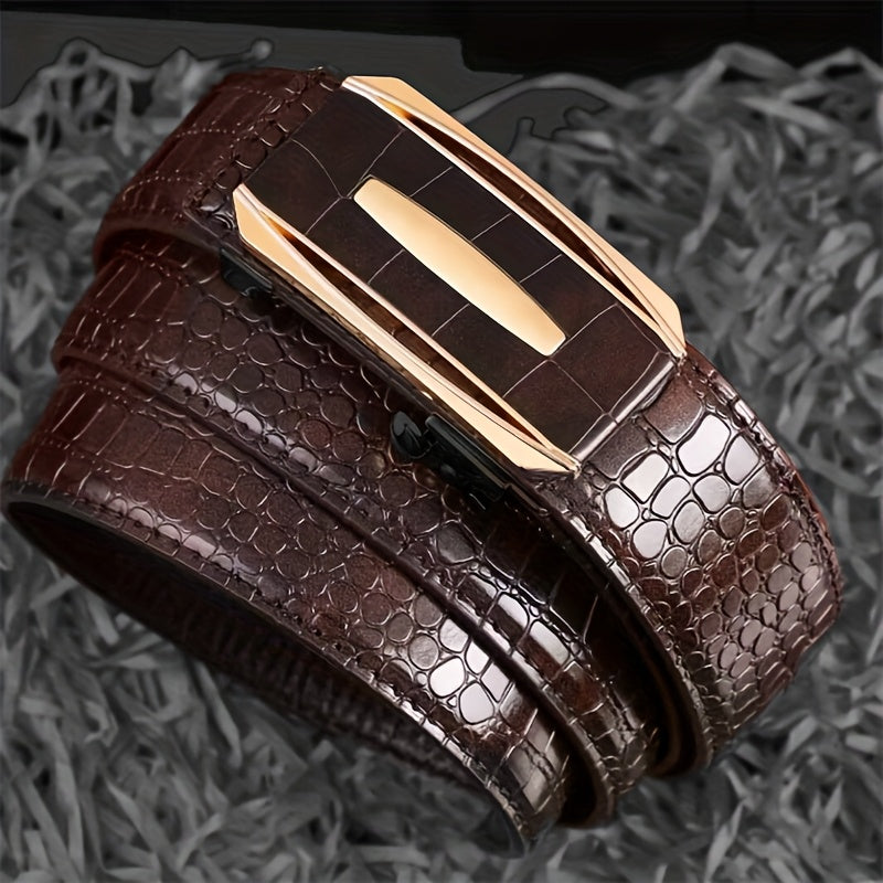 Ceinture Homme à Boucle Automatique en Cuir Synthétique – Motif Crocodile, Marron et Noir, Boucle en Alliage Doré, Style Élégant Décontracté et Professionnel, Parfaite pour Pantalons Habillés, Accessoire Formelle, Design Sophistiqué, Construction Durable