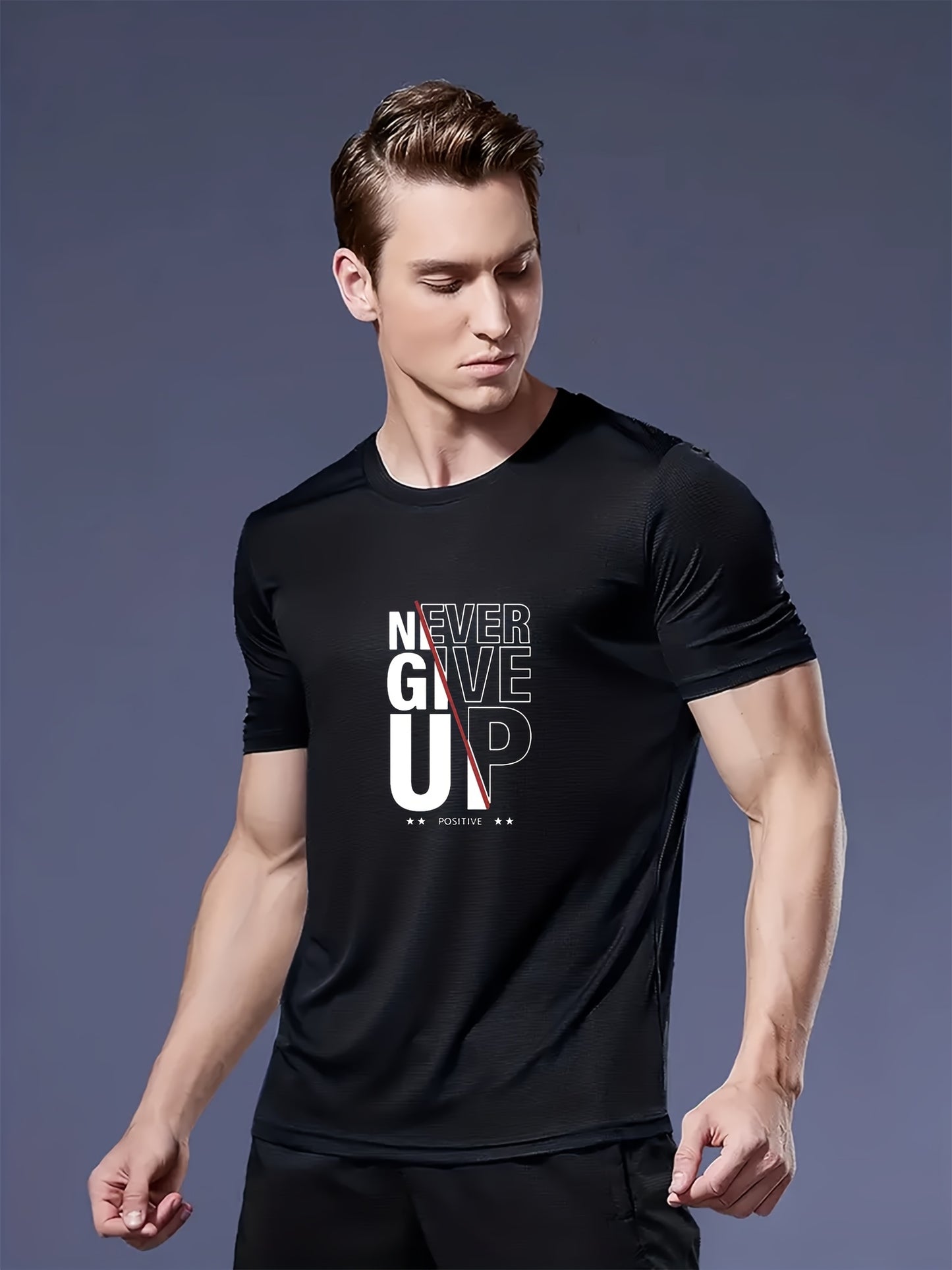 Set of 3 Mixed Print 'Never Give Up' Short-Sleeve Men'S Ultra-Light Round Neck T-Shirts - Quick-Drying, Breathable, Sweat-Absorbing Shirts, Perfect for Summer Casual Wear, a Great Gift for Men with a Round Neck Design, Sweat-