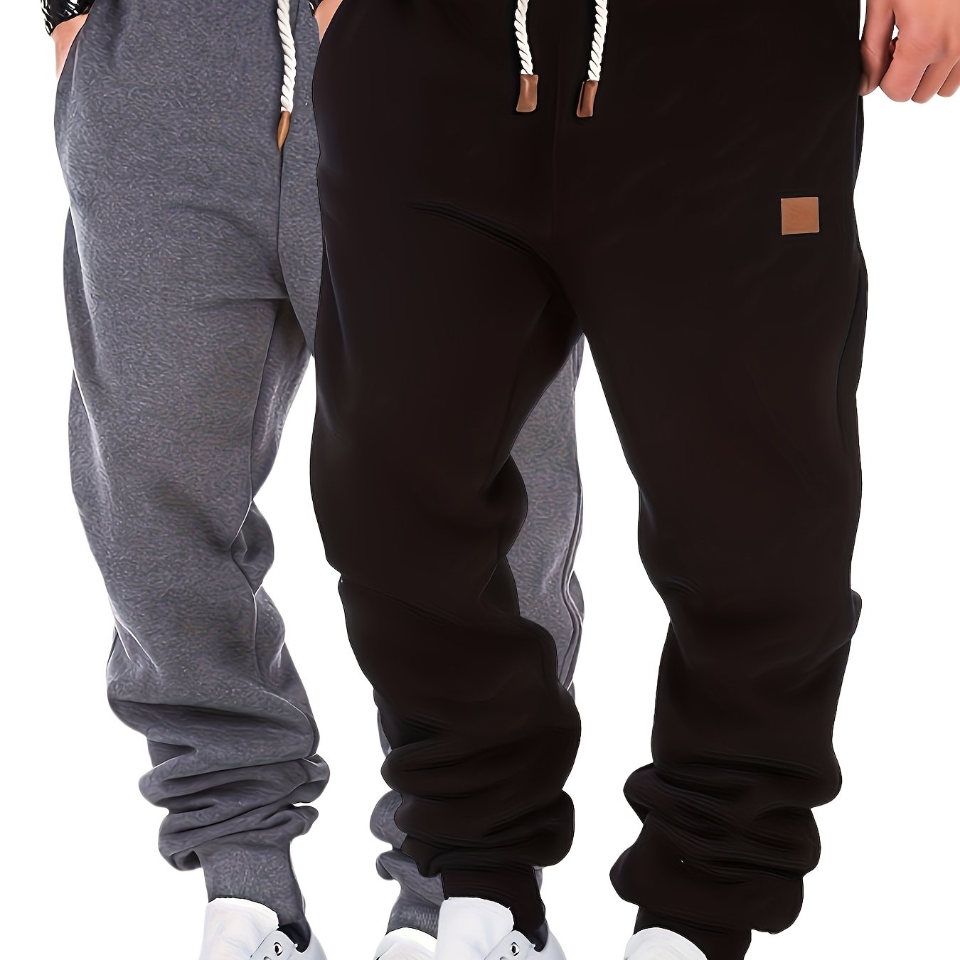 2pcs Joggers Homme – Polaire, Gris, Cordon, Sport & Casual, Hiver