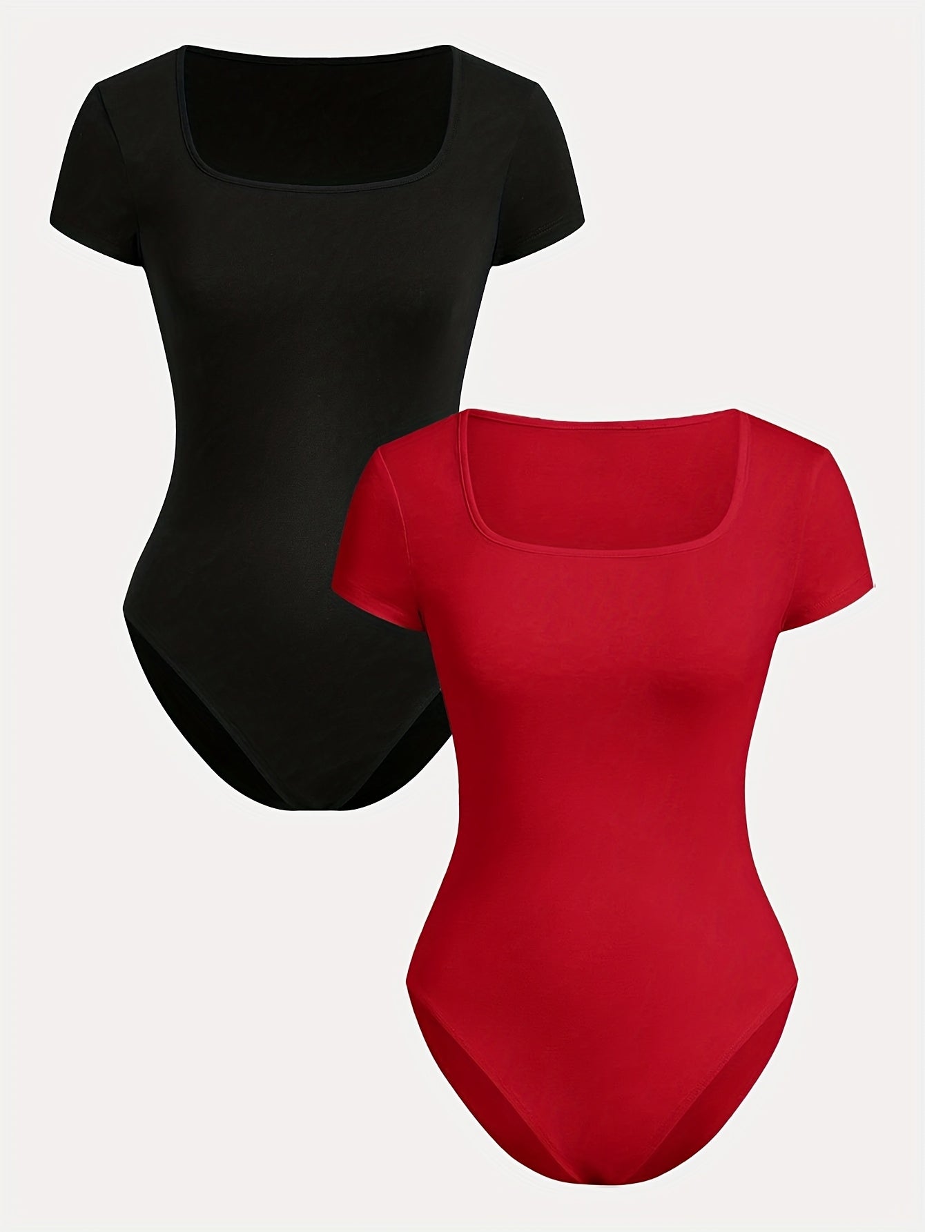 Lot de 2 combinaisons femme à col carré, manches courtes, coupe ajustée, style décontracté et sportif, une pièce pantalon confortable