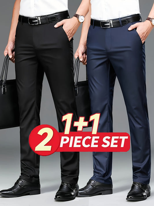 2pcs Pantalons Homme – Business & Casual, Anti-Rides, Taille Élastique, Jambe Droite, Tout Saison