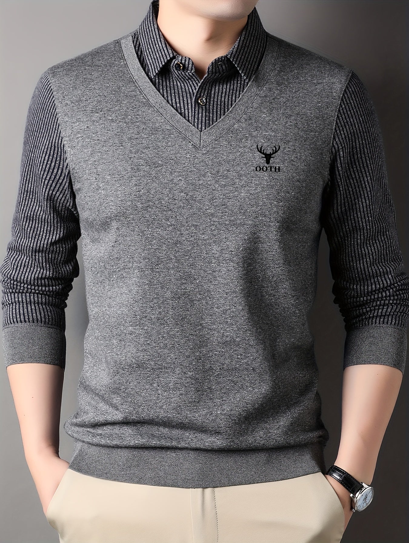 Men'S Spring And Autumn Thin Fake Two-Piece Lapel Button Long-Sleeved Knitted Pullover, Chest Embroidery, Button Placket, Suitable for Daily Commuting, Travel And Office And Other Scenes, Is The First Choice for Gifts