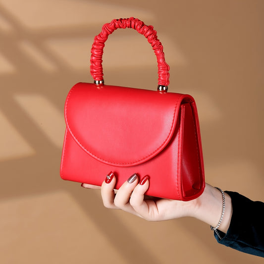 Women's Elegant White PU Evening Handbag with Ruffled Handle & Closure - Detachable Crossbody Strap, Golden-Tone Hardware, Lightweight Square Wedding/Party/Dinner Bag for Prom, Banquet - Perfect Gift for Women (Red & White Av