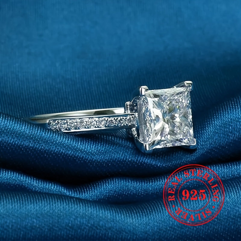 Women's S925 Sterling Silvery 4-Prong Princess Cut Cubic Synthetic Zirconia Engagement Wedding Ring, Premium Jewelry