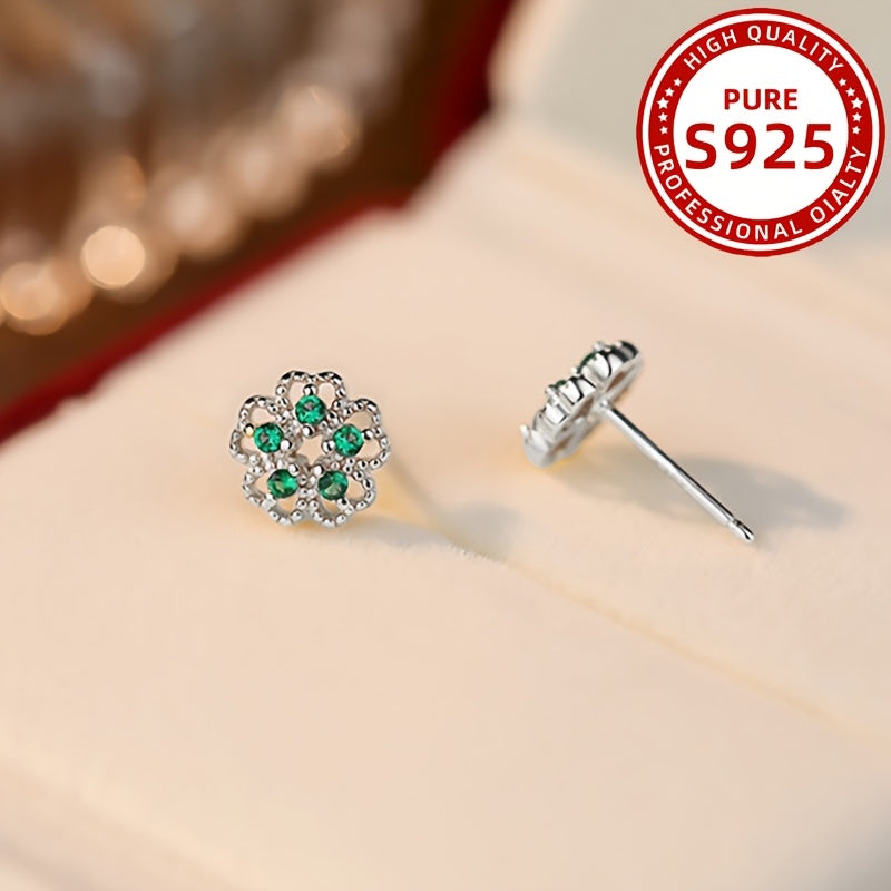 1 paire de boucles d’oreilles élégantes style français à fleur creuse avec zirconia synthétique vert – 1,1 g, argent sterling 925