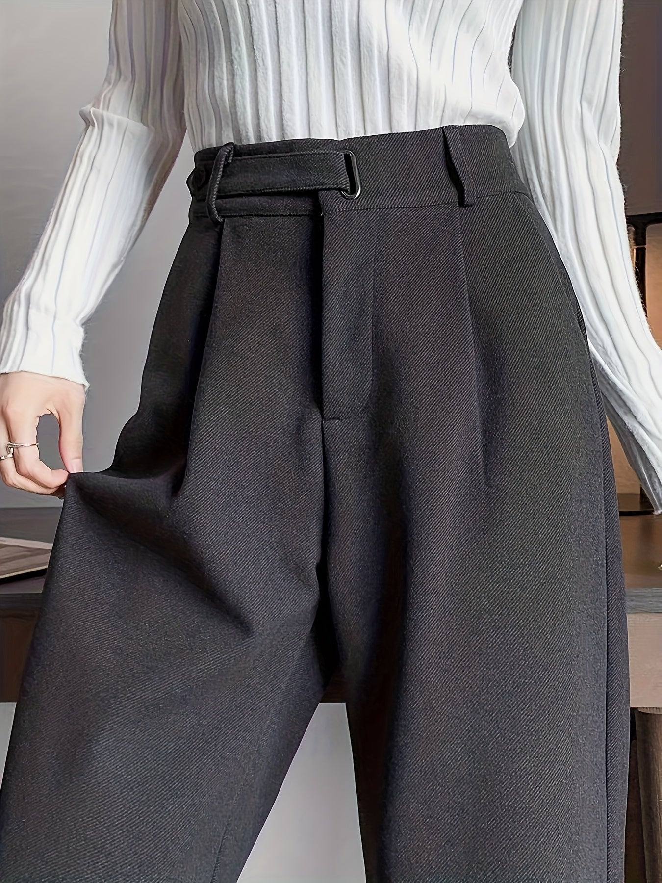 Pantalon Femme en Tweed – Gris, Taille Haute, Jambe Droite, Automne/Hiver, Sans Ceinture