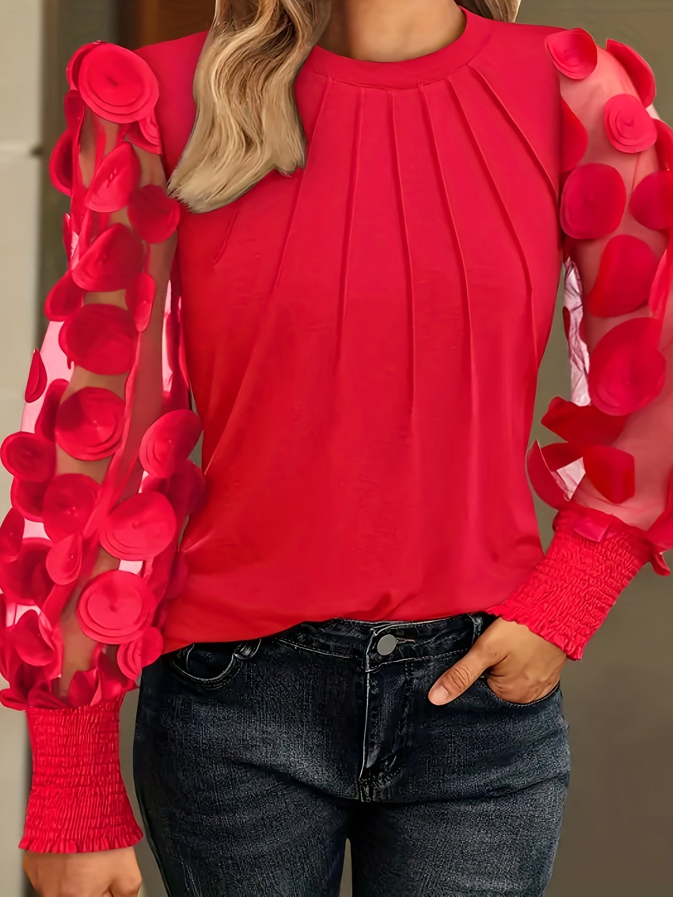Blouse Y2K rouge à volants en mesh pour femmes, manches longues, col rond élégant avec bordure contrastée, printemps/été/automne