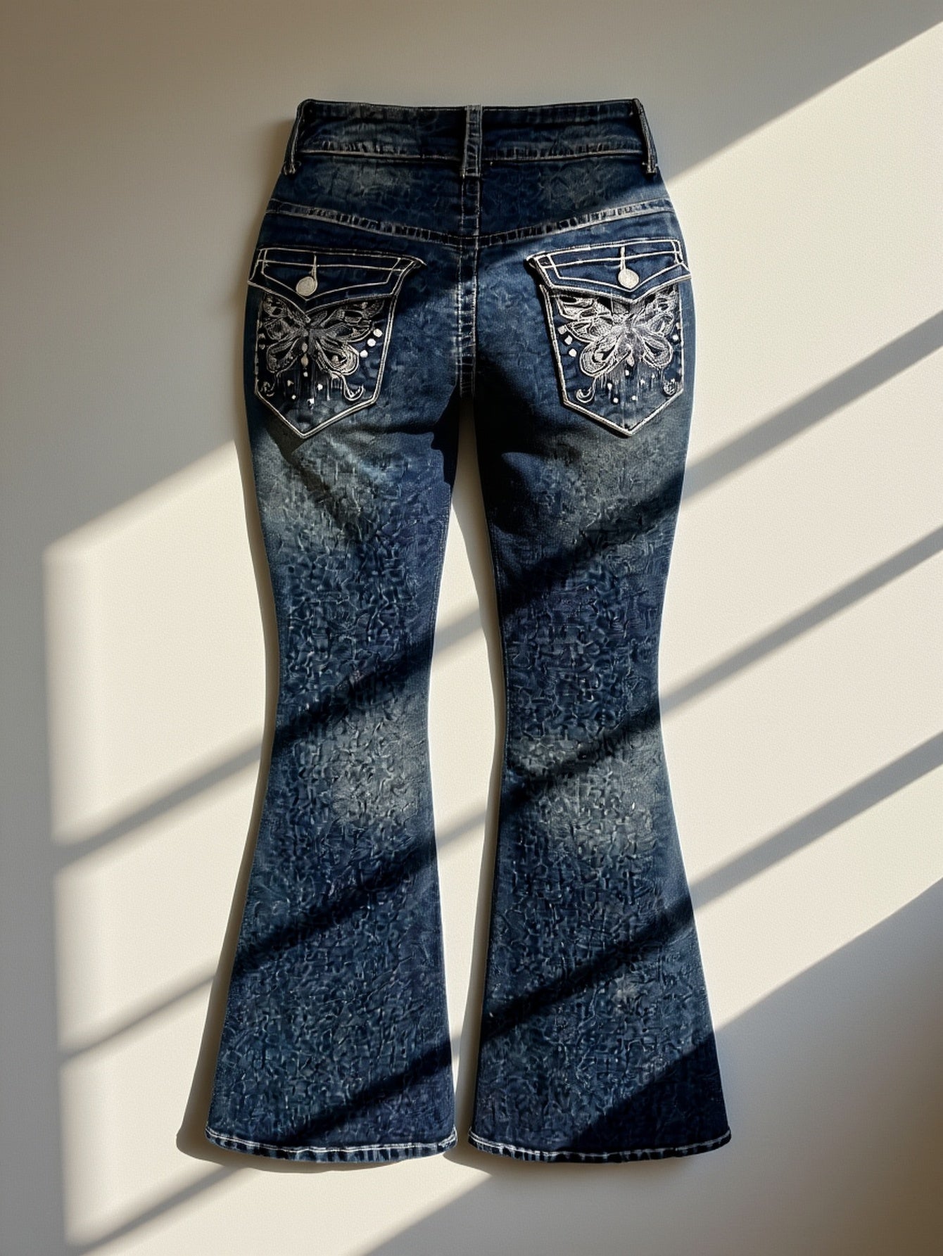 Jeans Femme Évasé Brodé Main Poches Arrière Strass Extensible Toute Saison Élégant Décontracté Lavable Couleur Unie