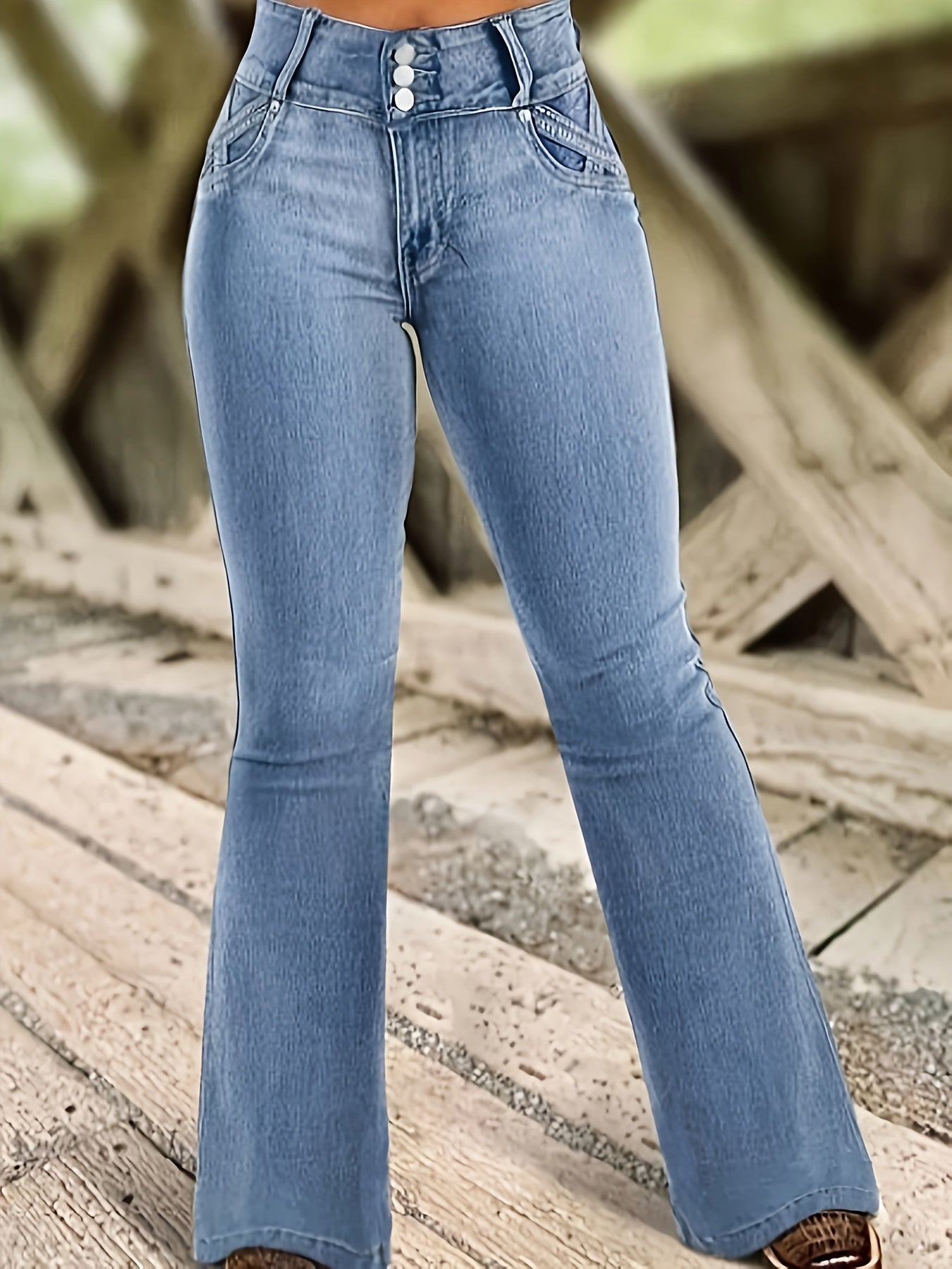 Jean évasé taille haute pour femme - Pantalon bleu délavé avec passants de ceinture et fermeture éclair, coupe slim gainante