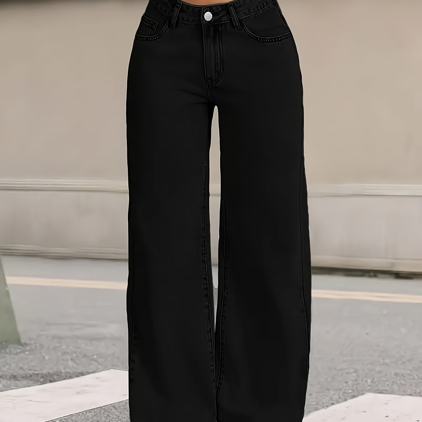 Jeans Femme Jambe Droite Couleur Unie Noir Jambe Large Taille Haute Toute Saison Décontracté Durable Polyvalent