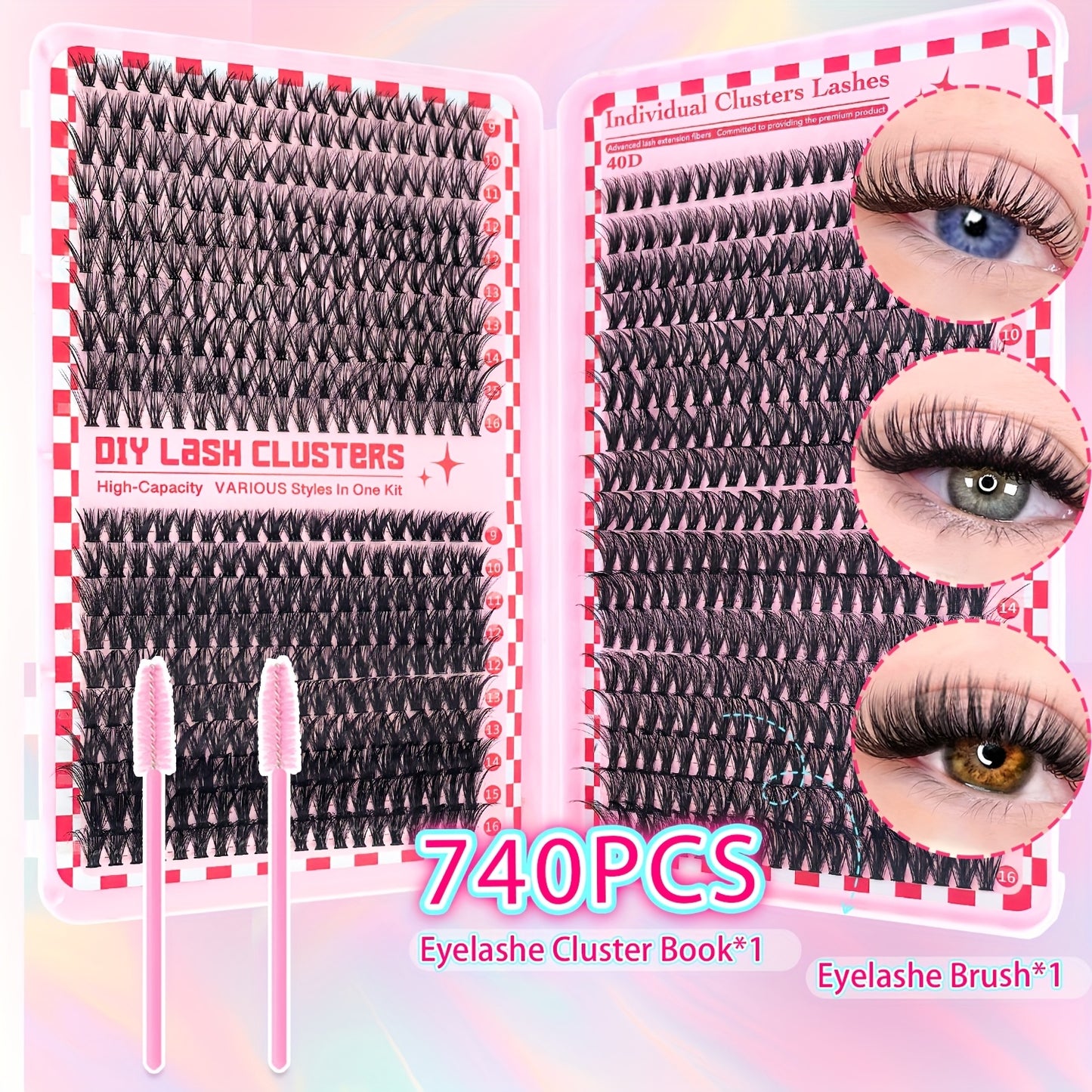Set de Cils DIY pour Femme – 37 Rangées (740 pcs) / 14 Rangées (280 pcs) / 10 Rangées (200 pcs), Cils Individuels 8-16 mm, Inclus Brosse à Cils, Style Hybride, Parfait pour DIY Débutants à la Maison, Réutilisable