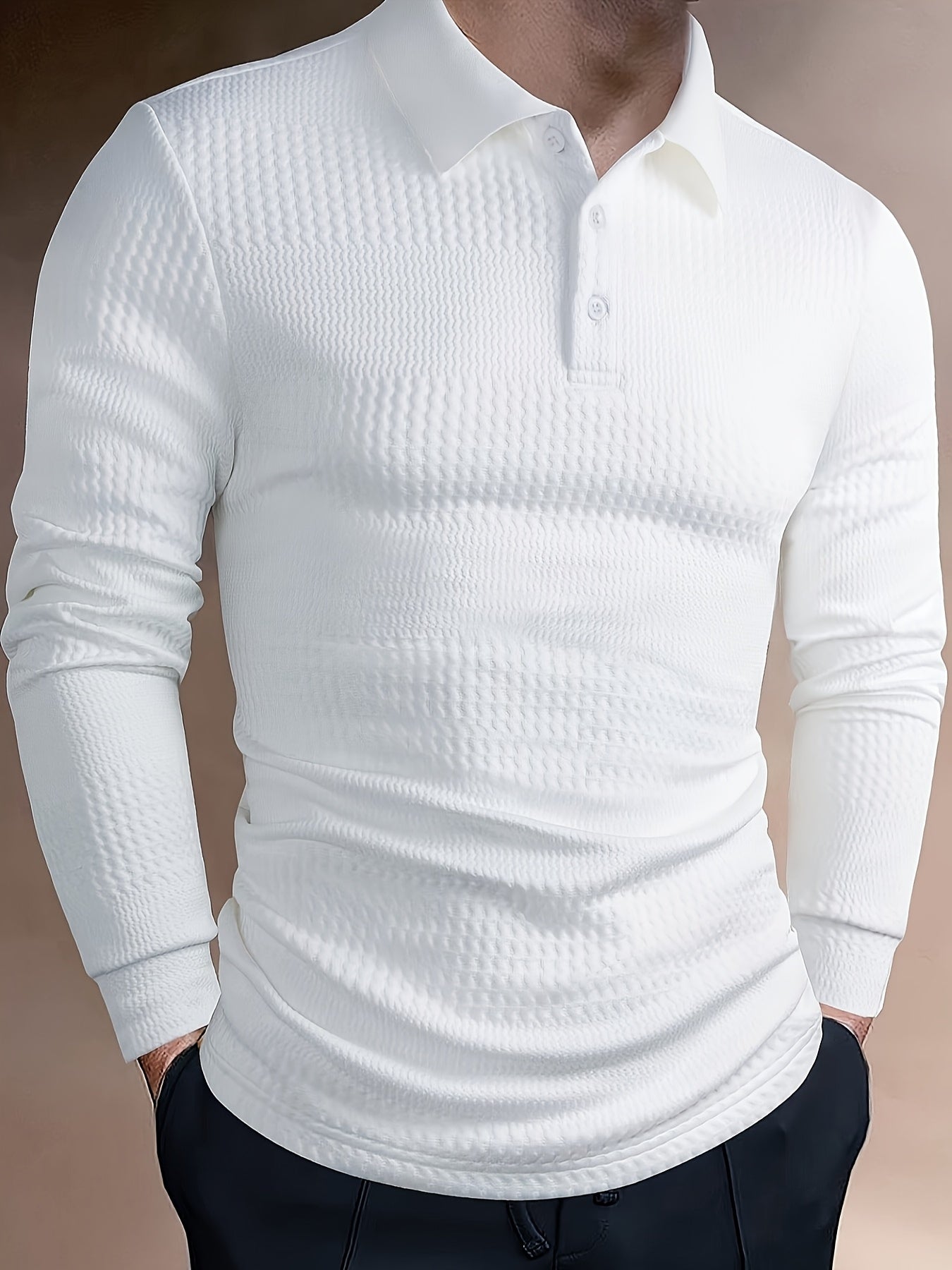 Men's Fashion  Shirt - Long Sleeve, Jacquard Fabric, Vertical Rib Detail, Casual Fitness Style, 100% Polyester, Ideal for Spring and Autumn