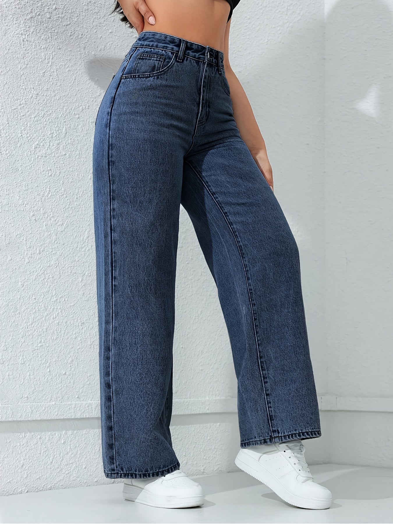 Jean ample à jambes droites pour femme avec poches, jean non extensible, jean taille haute style baggy, jean mom taille haute, jean à taille élastique