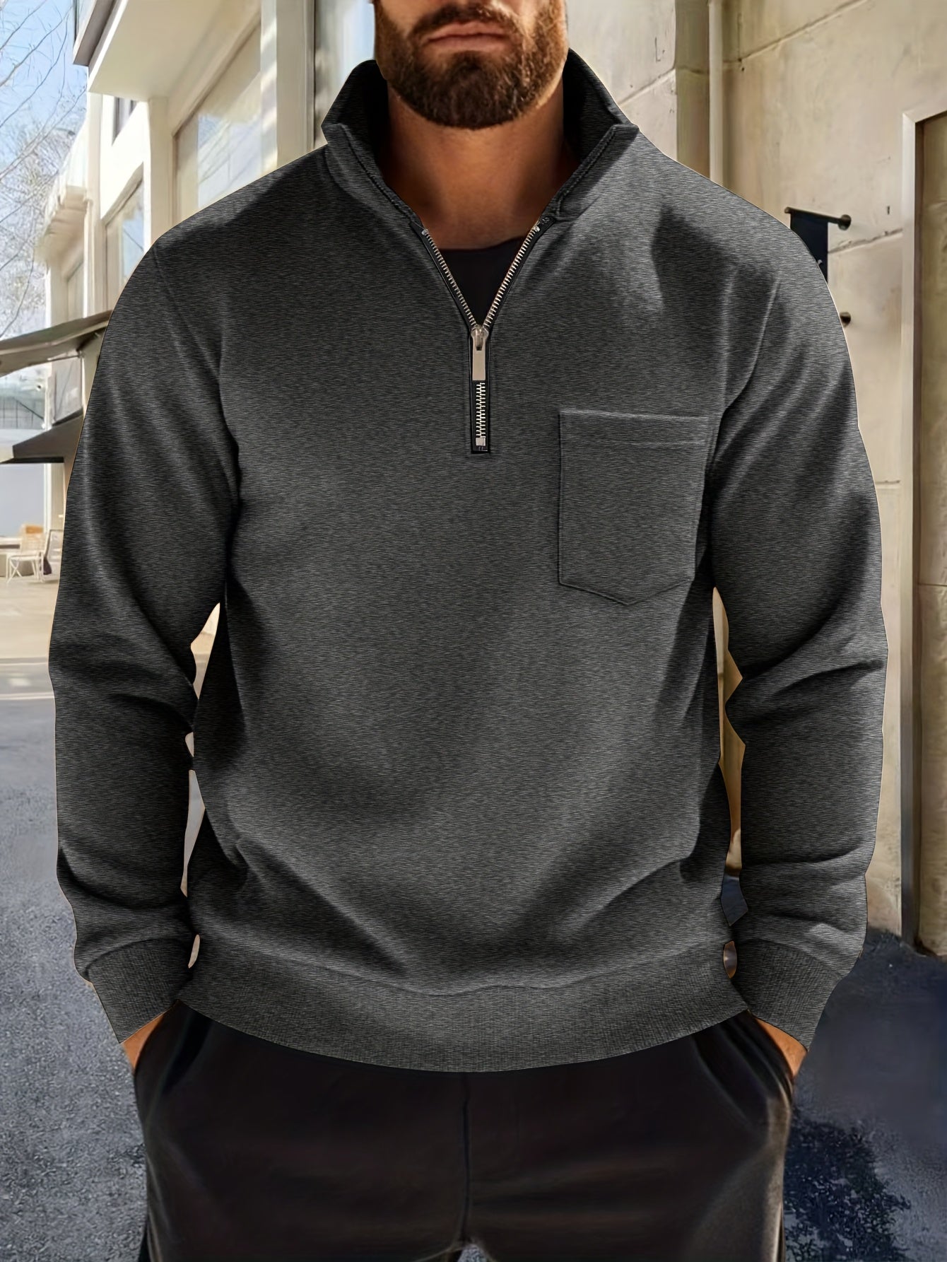 Men'S Thickened Long Sleeve Shirt - Half-Zip, Versatile Long Sleeve Turn- Collar Base Layer Top with Chest Pocket, Suitable for Autumn/Winter, Winter Clothing, Autumn Apparel, Classic Collar, Durable Fabric, Warm Material, Ba