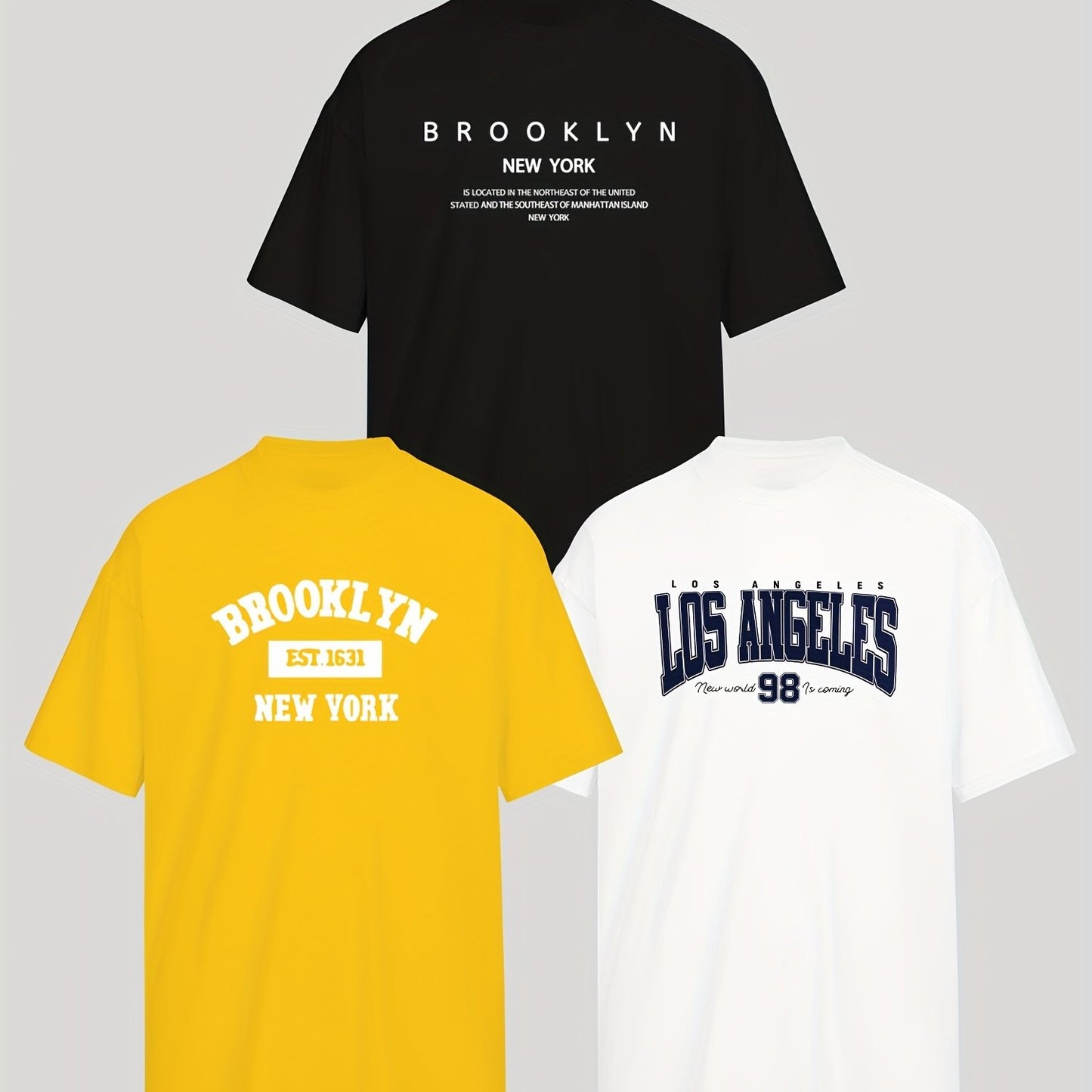 Three-Piece Set: Men's Casual Fashion BROOKLYN, LOS ANGELES Print Drop Shoulder Short Sleeve T-Shirt, Comfortable and Versatile