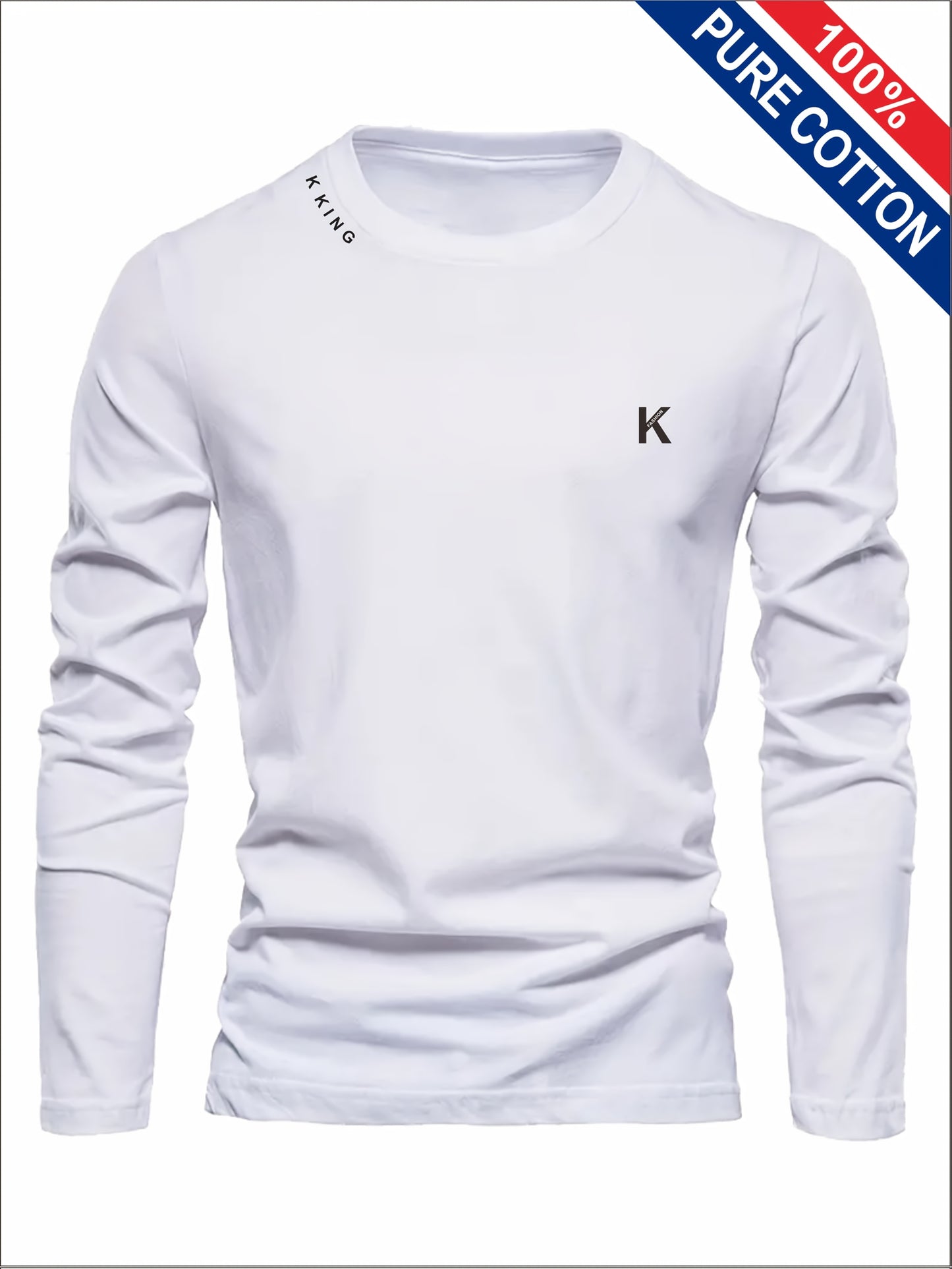 Men's pure cotton long sleeved T-shirt with letter print, casual round neck, breathable sports top, comfortable regular style, fashionable, ideal gift for outdoor activities, regular sleeve length, suitable for all seasons