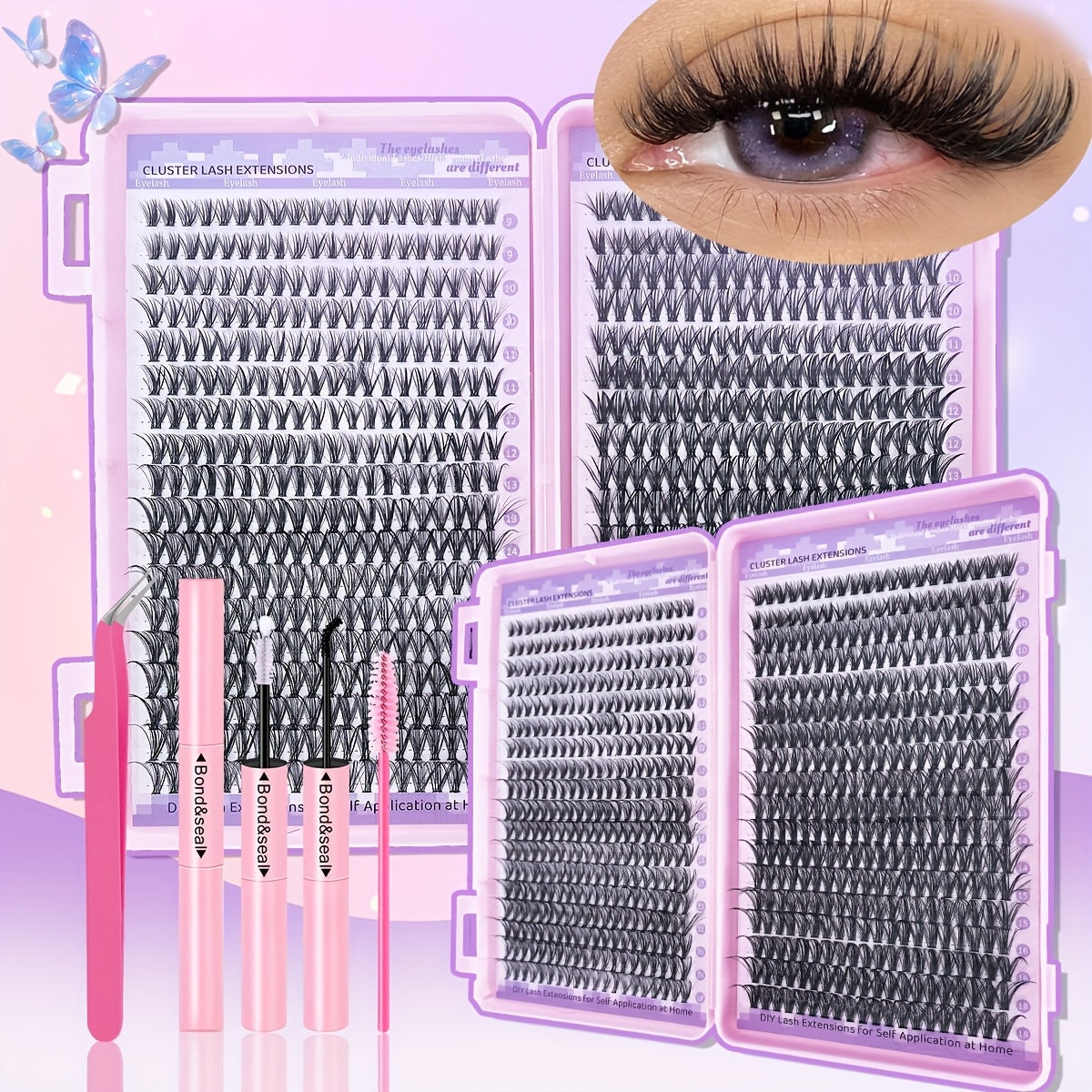 Set Extensions de Cils DIY 400/720 pcs — Paquets de Cils Individuels, Longueurs Mixtes 9-18 mm, 30D/40D, Inclus Colle et Pince à Cils, Idéal Débutants, Coffret Cadeau Raffiné, Parfait pour Nouvel An, Saint-Valentin et Cadeaux Élégants
