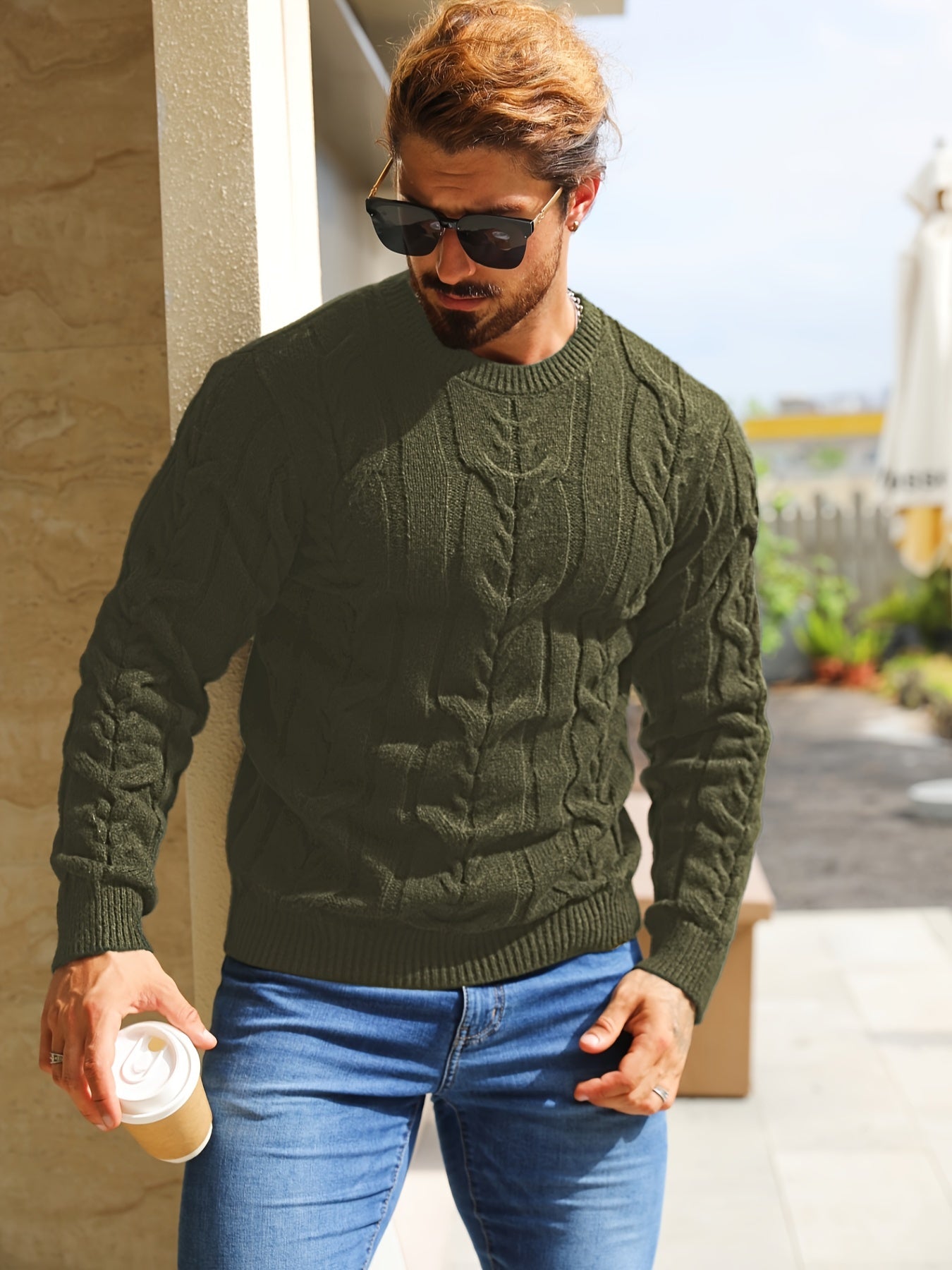 Men's Casual Striped Pullover Sweater - Soft Stretch Knit Crewneck Long Sleeve, Machine Washable H-Fit Ribbed Trim for Autumn Winter, Medium Elasticity Fabric