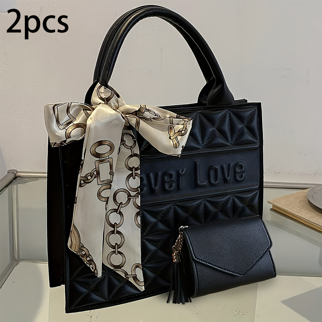 Set 2 Pièces Sac Carré à Motif Matelassé – Sac Cabas Grande Capacité, Sac à Épaule et Petit Portefeuille Assorti, Sac à Main Professionnel pour Femmes au Bureau