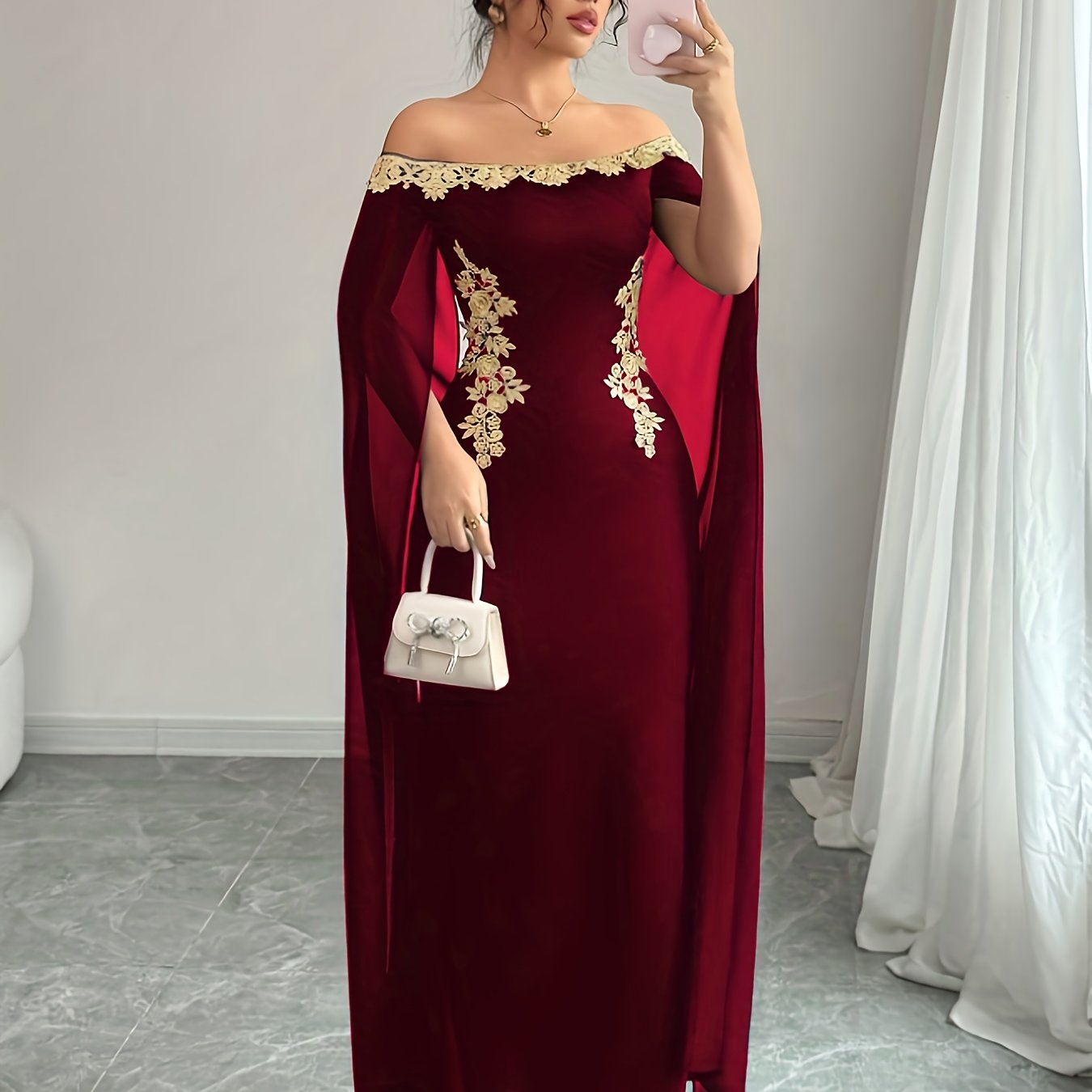 Sexy, Elegant and Versatile Daily Wear Golden Floral Embellished Off-Shoulder Sheer Cape Fitted Waist Golden Appliqué Long Mermaid Hem Bodycon Dress