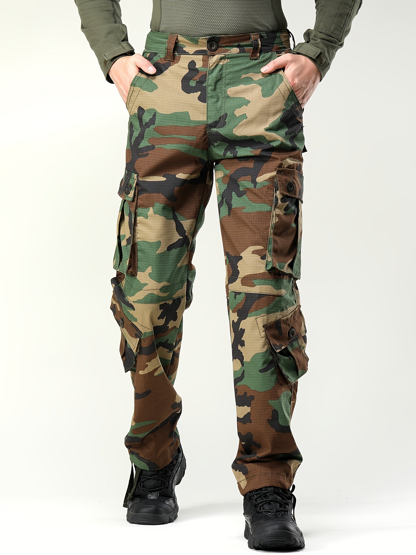 Pantalons Travail Homme – Cargo Tactiques, Multipoches, Anti-Rayures, Loose Fit, Outdoor, Marron/Vert/Noir