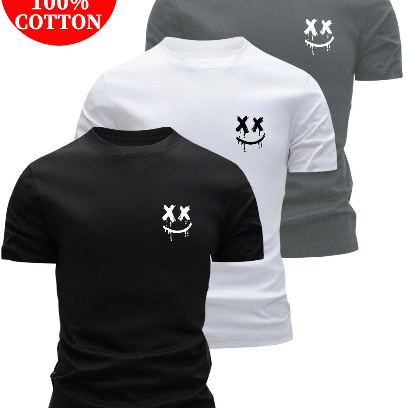 3pcs 100% Cotton T-Shirts, Casual Crew Neck Top for Men's Summer Streetwear, Summer Outfit, Everyday Clothing, Trendy Tshirt, Urban Fashion, Soft Material, Breathable Fabric, Cotton Tee, Multipack Shirts, Young Adults, Casual