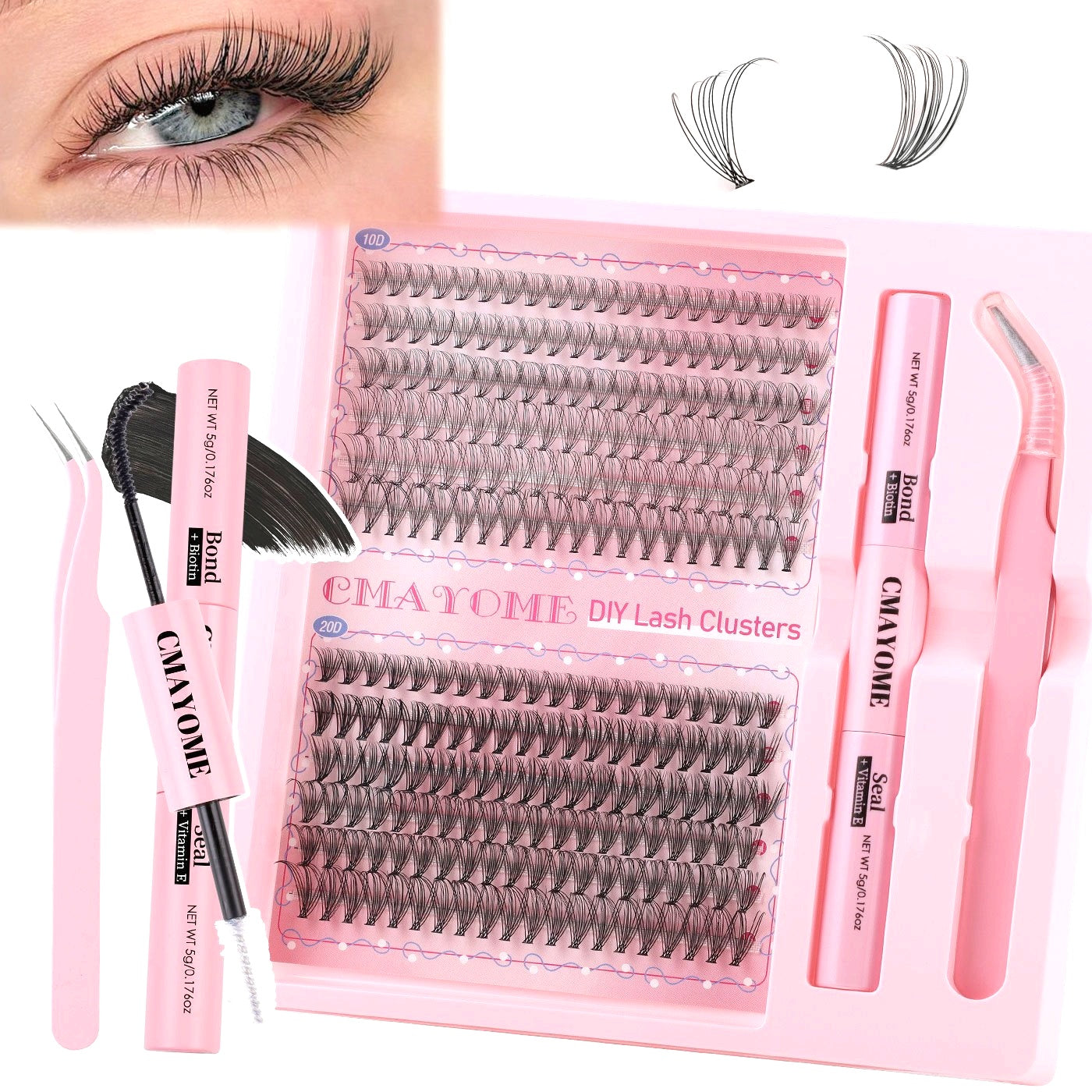 Kit d’extensions de cils DIY – cils naturels style fairy 30D/40D/50D/60D, longueurs mixtes 10-16 mm, courbure D, effet agrandissant les yeux, cils cartoon naturels, colle scellée et pince incluse