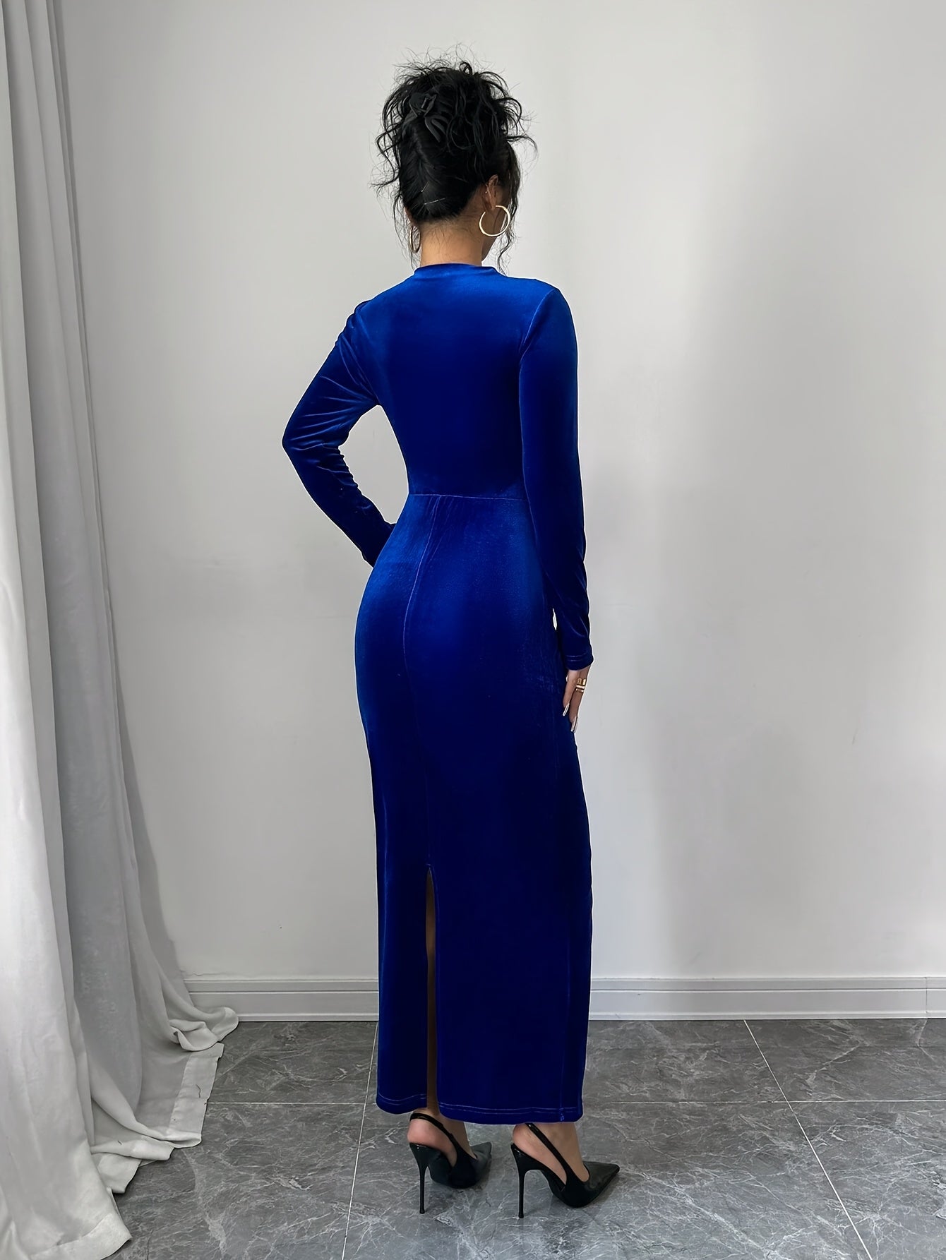 Women's Elegant Asymmetric Long Maxi Dress with Stand Collar & back slit - Solid Color Fitted Gown, Machine Washable Wedding Guest Gown, Prom Dress, for all-Season Wear - Formal Evening Dress