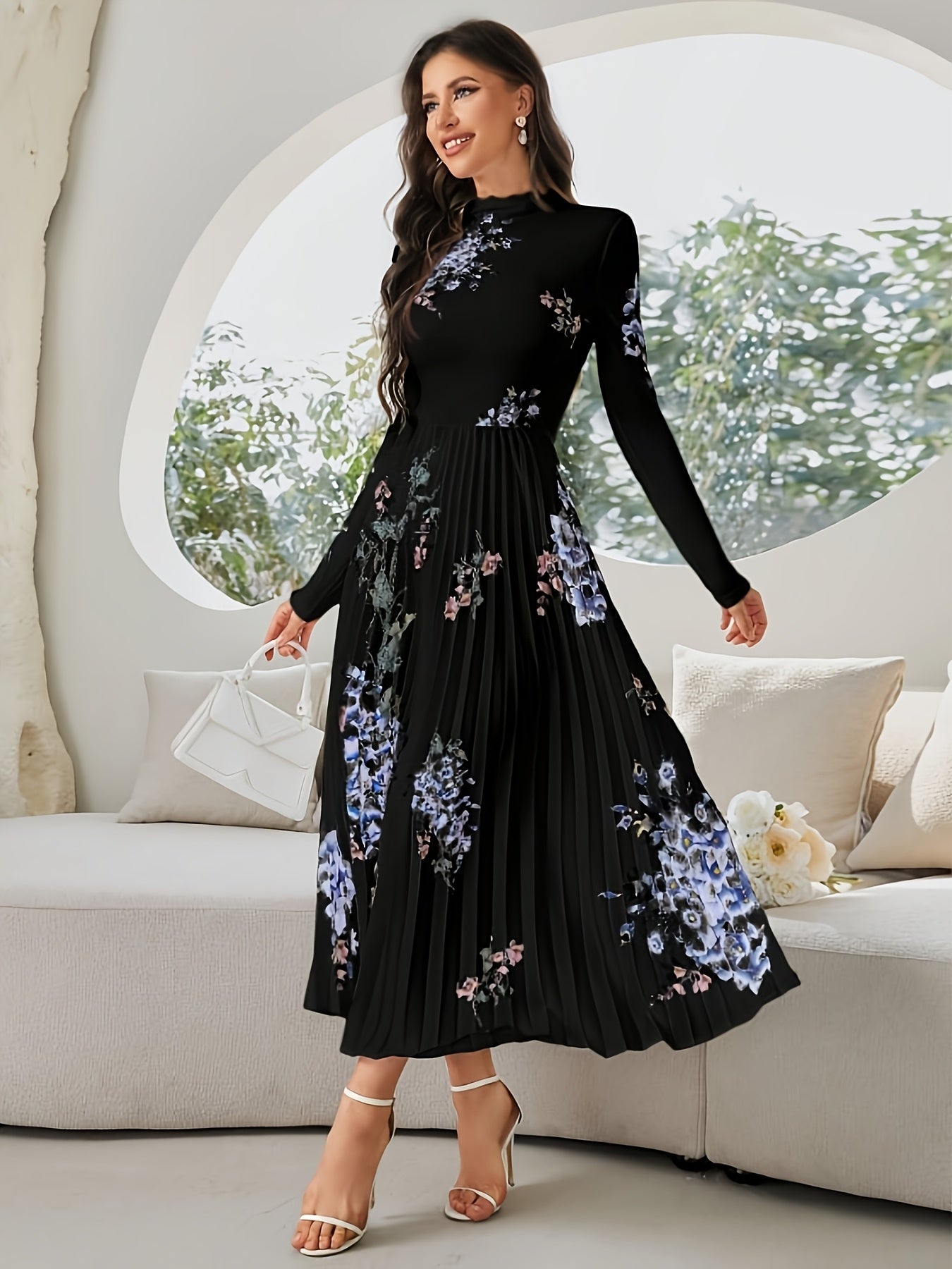 Robe Longue Élégante – Imprimé Floral Noir et Bleu, Col Montant, Manches Bouffantes Longues, Coupe A-Ligne, Idéale Soirées, Mariages et Événements Printemps/Automne, Lavable en Machine