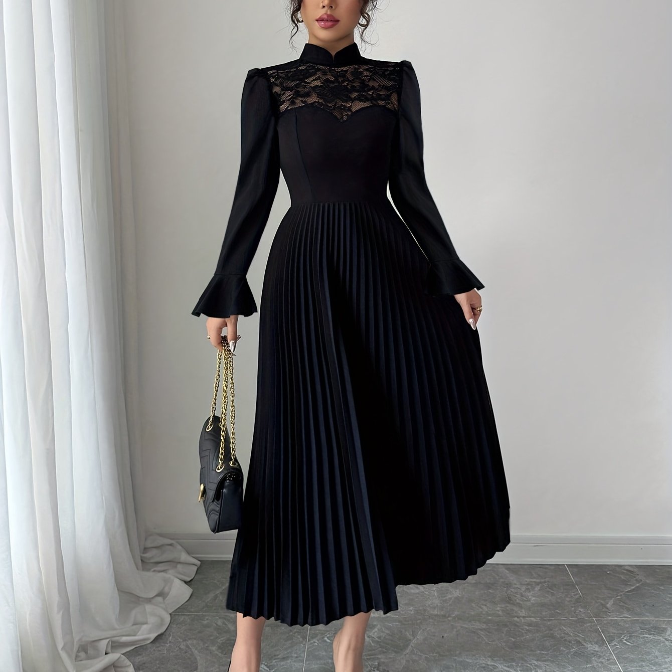 Robe Longue Élégante Femme – Silhouette A-Ligne, Col Montant, Coupe Flatteuse, Idéale Automne/Hiver, Bureau, Soirées et Mariages, Style Sophistiqué et Raffiné