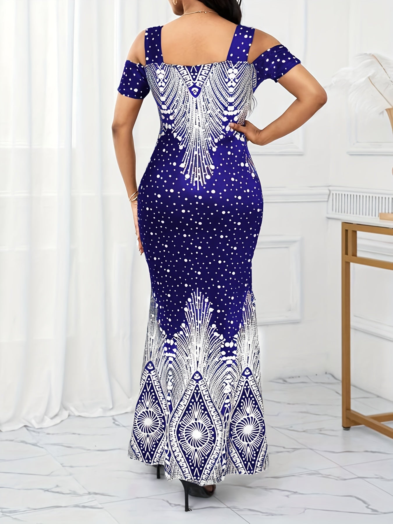Women's Elegant Paisley Print Square Neck Off-Shoulder Evening Dress - Short Sleeve Bodycon Mermaid with Side Slit & Waist Accent, Machine Washable Summer Formal Party Wear, Evening Event Attire, Stretchy Fabric Gown, Comfort