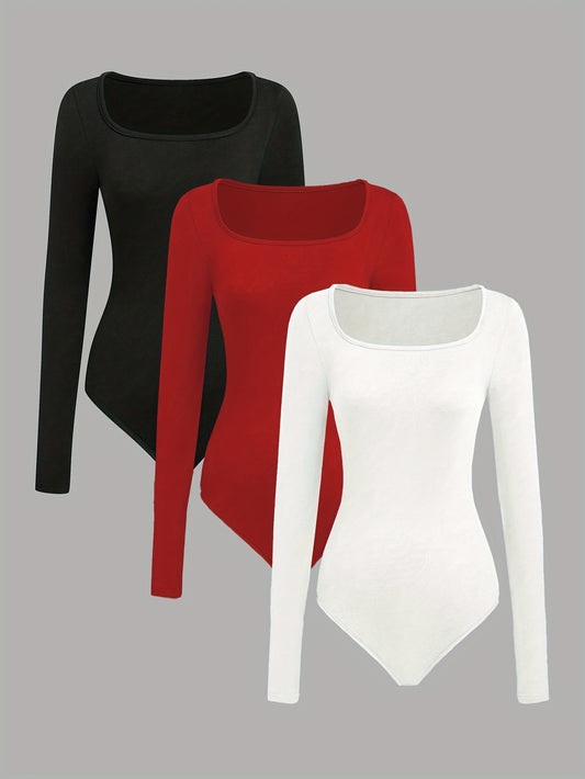 Ensemble de 3 combinaisons femme à col carré coupe ajustée style décontracté et sportif une pièce à manches longues confortable et tendance