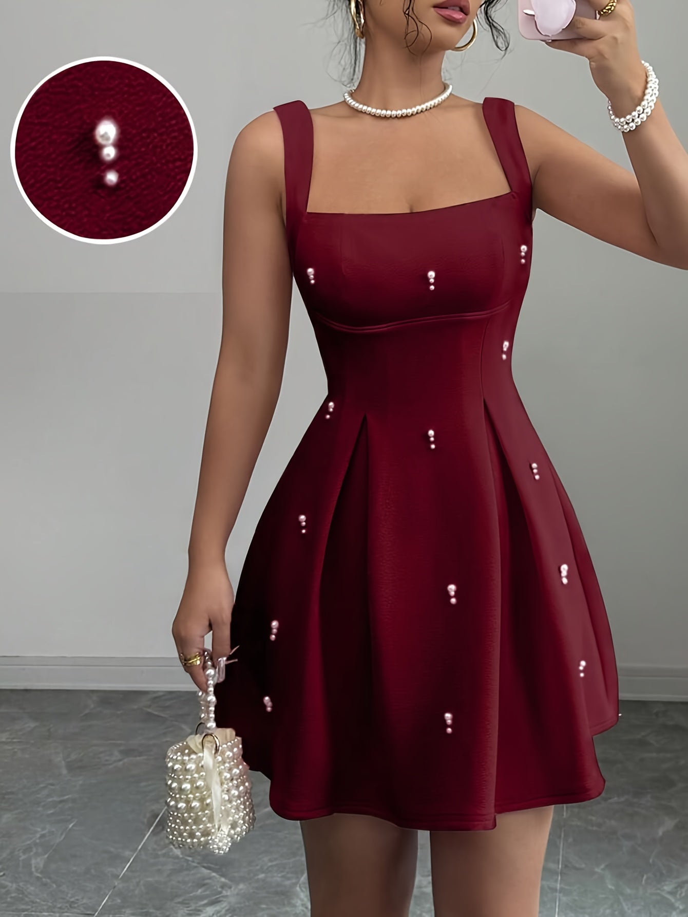 obe femme rose pastel sans manches – Col carré, jupe A-line évasée, chic