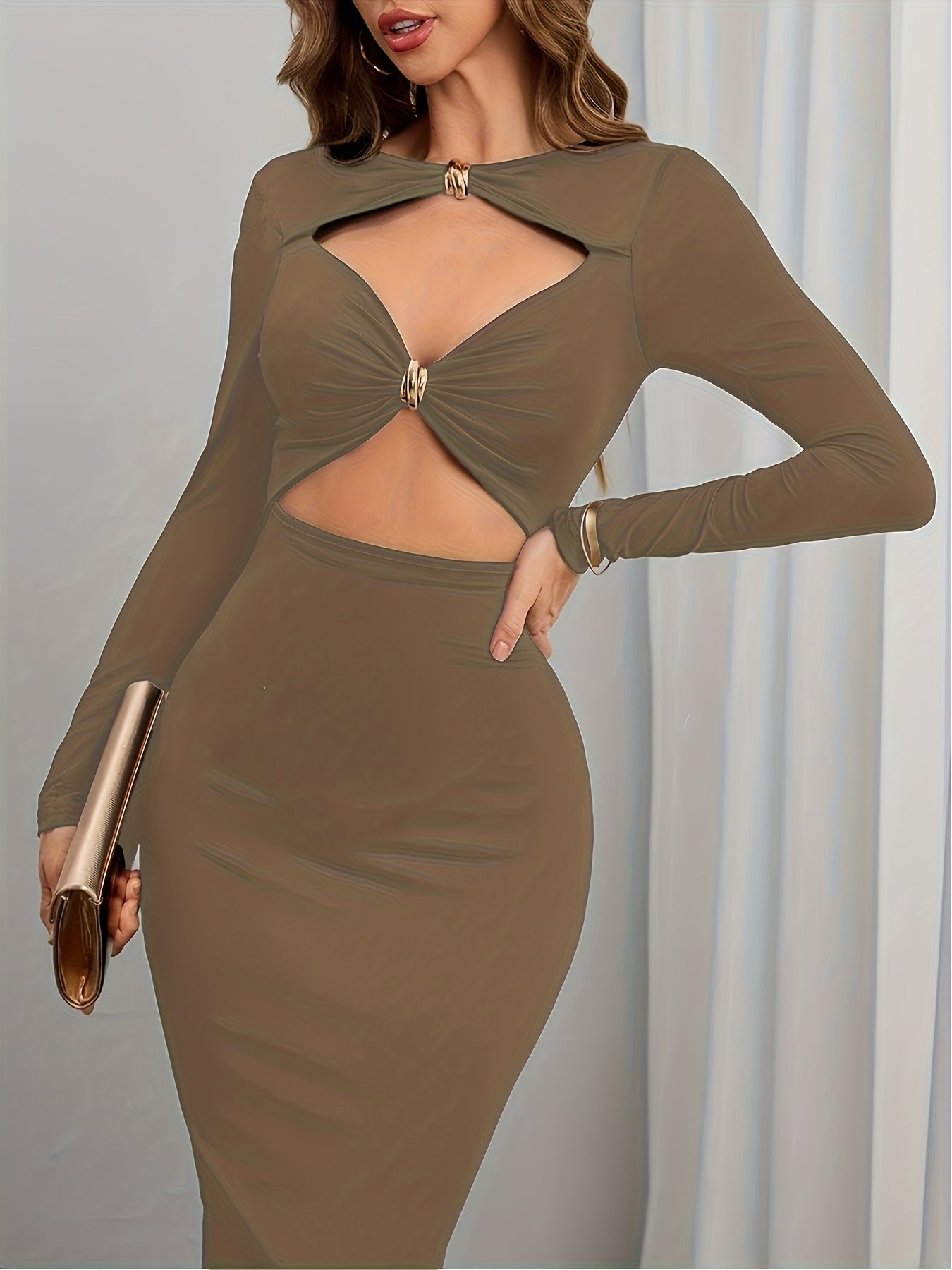 1 robe femme élégante bleu marine pour soirée formelle – manches longues, col rond, coupe A-line avec design croisé dans le dos, ajustement structuré, idéale pour mariages et galas