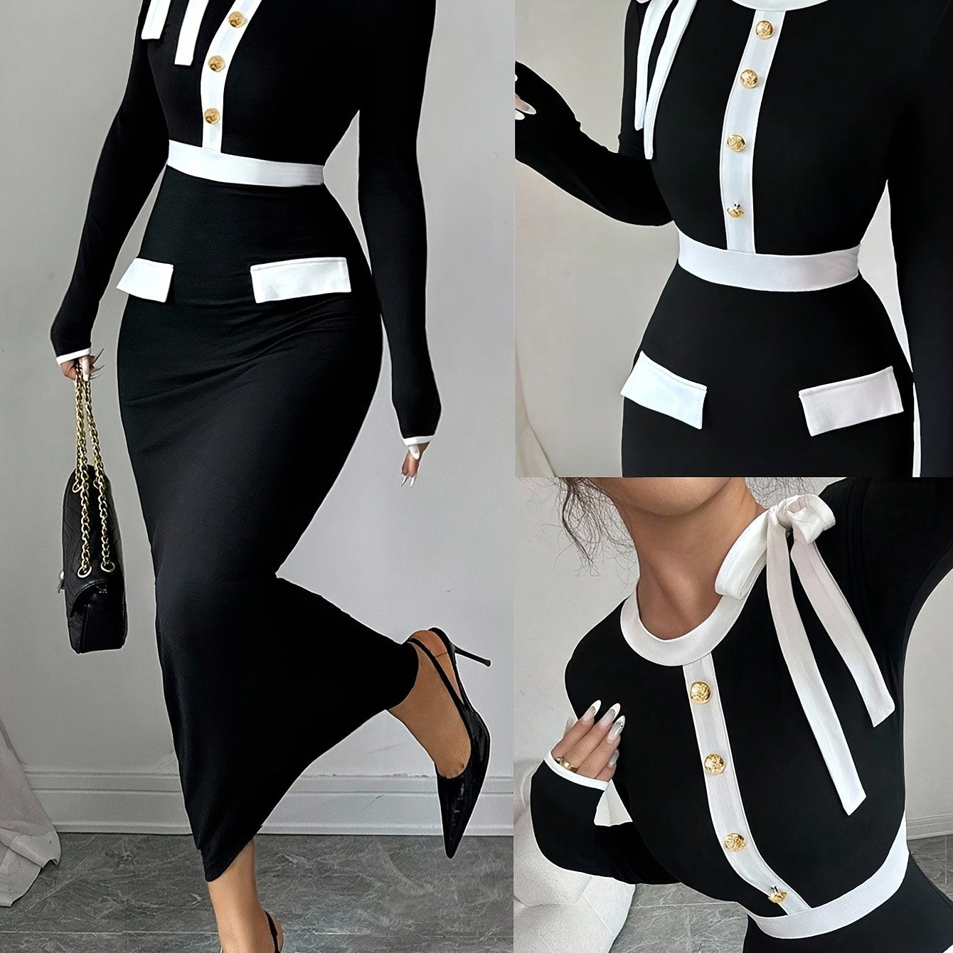 Women's Elegant A-Line Dress with Bow & Button Neckline - Black & White Contrast Long Sleeve Wedding Guest Dress, Church Dress, Year-Round Wear - Machine Washable A-Line Silhouette for Parties & Special Occasions (s)