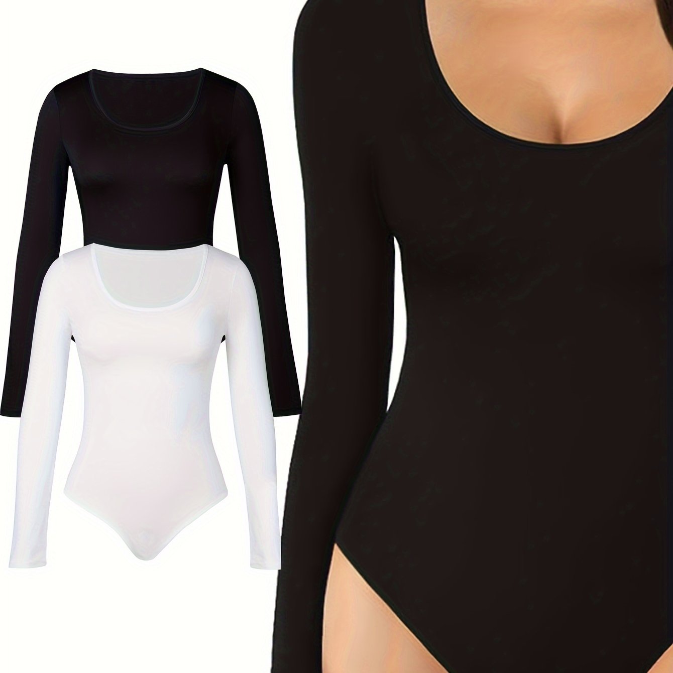 Lot de 2 bodys femme à manches longues couleur unie col rond en tissu tricoté lavable à la main