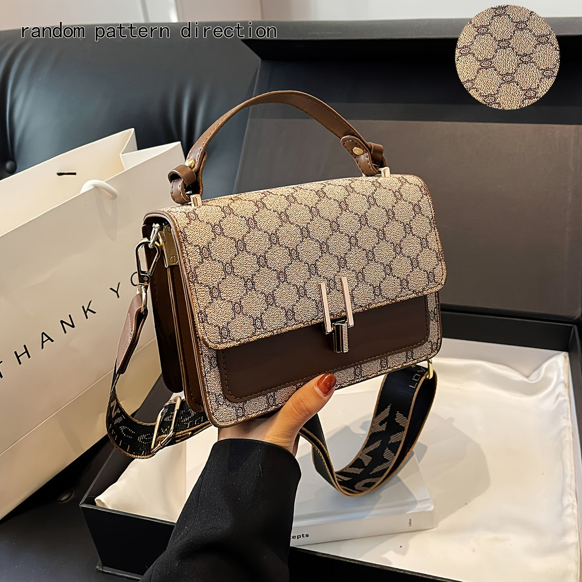 Sac élégant pour femmes – grande capacité, motif géométrique, simili cuir, bandoulière large et amovible, accessoires dorés, sac bandoulière polyvalent pour occasions casual et formelles