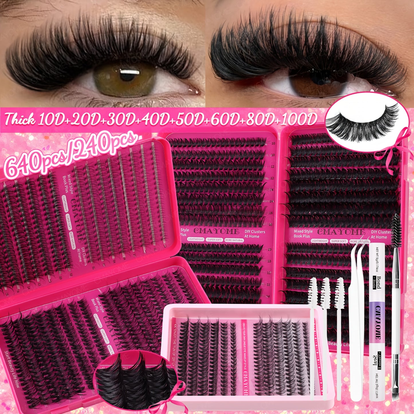 Set de Cils Postiches Fluffy – 240/640 pcs, Grande Capacité, 4 Styles à Mixer, Longueurs Mélangées 8-18 mm, Épaisseurs 10D-100D, Inclus Colle et Outils, Réutilisables et Durables, Idéal pour Débutants, DIY, Extensions et Effet Naturel