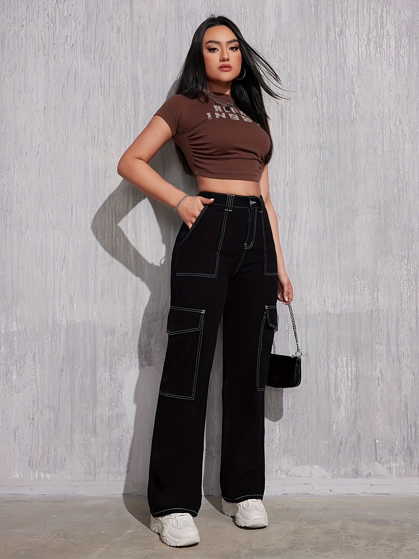 Jean cargo pour femmes - Pantalon de travail non extensible avec poches utilitaires, coupe droite ample, boutons, style décontracté et professionnel, toutes saisons