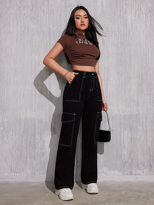 Jean cargo pour femmes - Pantalon de travail non extensible avec poches utilitaires, coupe droite ample, boutons, style décontracté et professionnel, toutes saisons