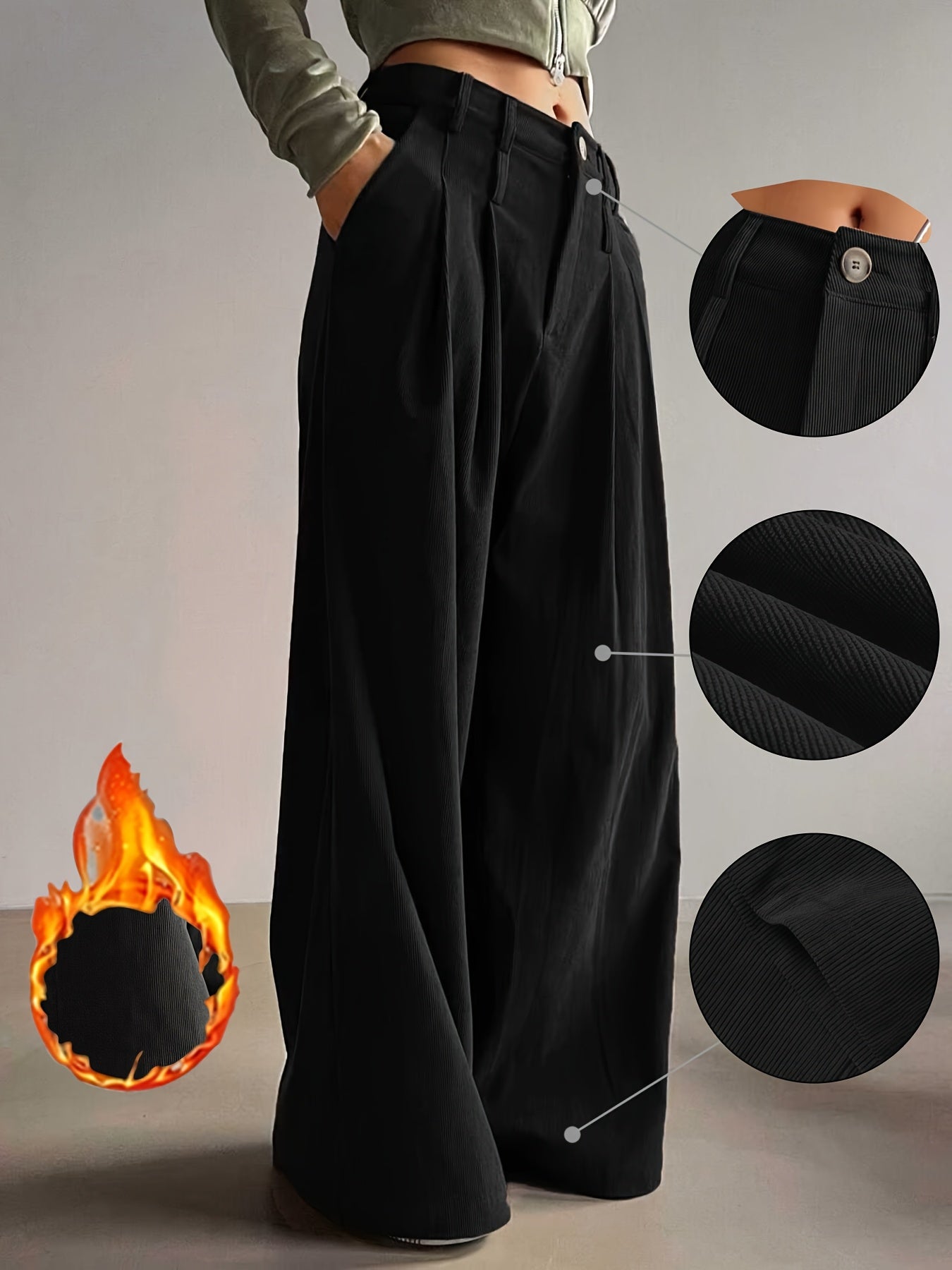 Pantalon Femme Élégant Taille Haute – Jambe Large, Hiver Épais, Boutons, Tissu Non Extensible, Bureau et Décontracté, Automne/Hiver