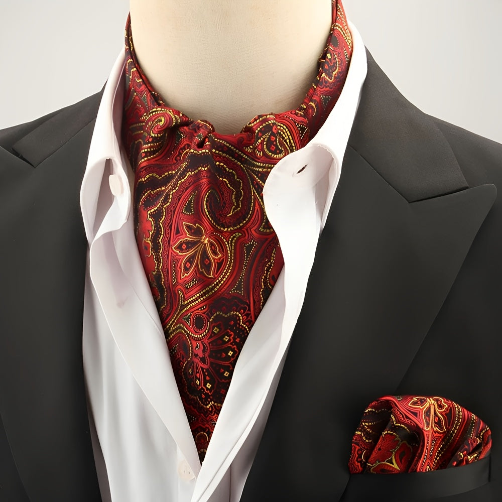 2pcs Ascot Homme – Écharpe et Pochette Style Rétro Britannique pour Mariages et Événements, Motifs Pois/Paisley/Fleur