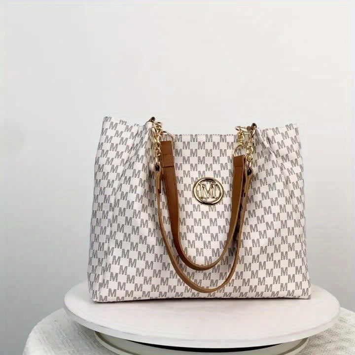 Set Sac Cabas et Portefeuille Femme– Sac à Main à Motif Lettre avec Logo Doré « M », Bandoulière Fixe, Idéal pour Déplacements Quotidiens, Travail, Rangement, Pochette à Rouge à Lèvres, Portefeuille, Sac de Shopping, Grande Capacité, Sac de Voyage