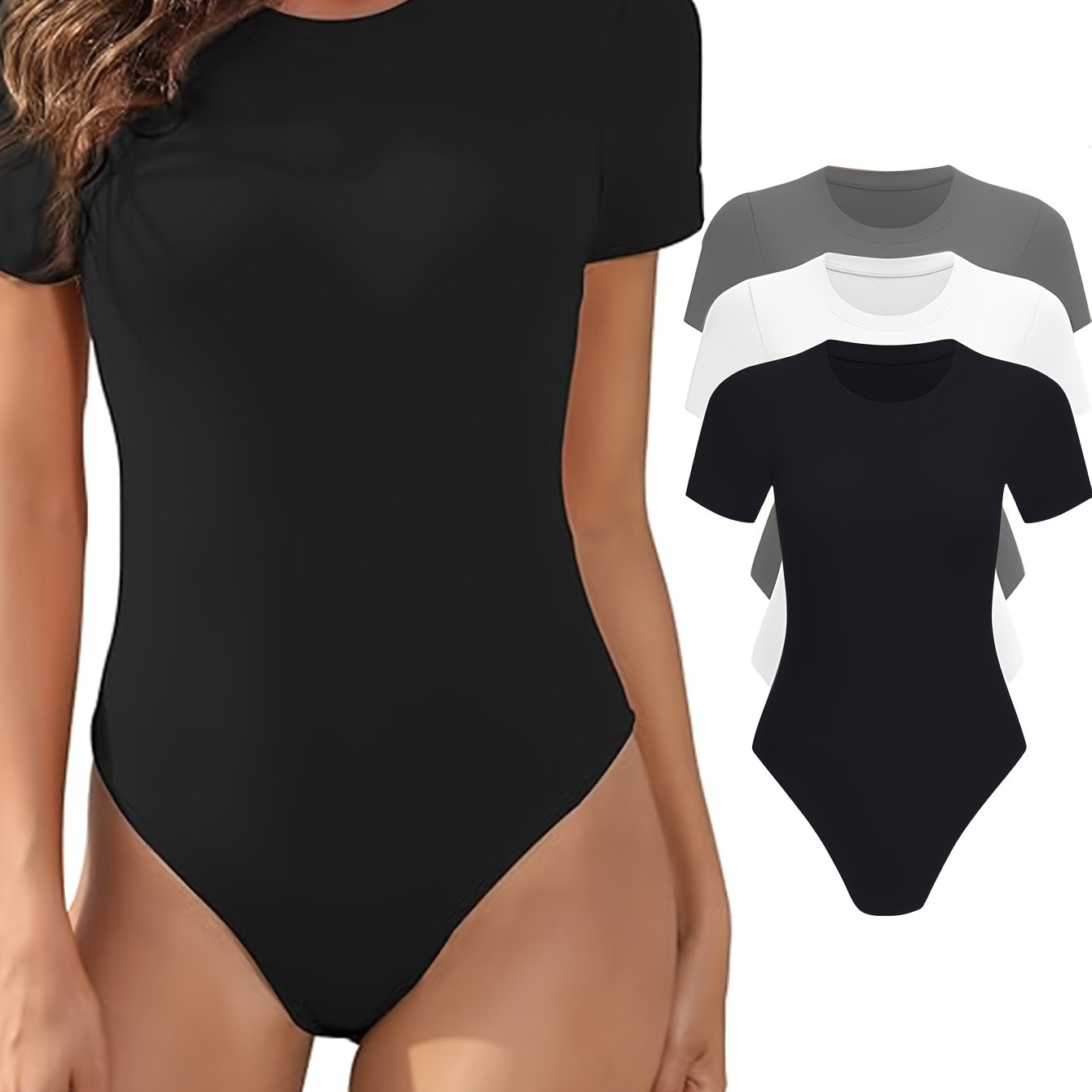 Lot de 3 bodys femme – manches courtes, col rond, coupe ajustée, basiques confortables